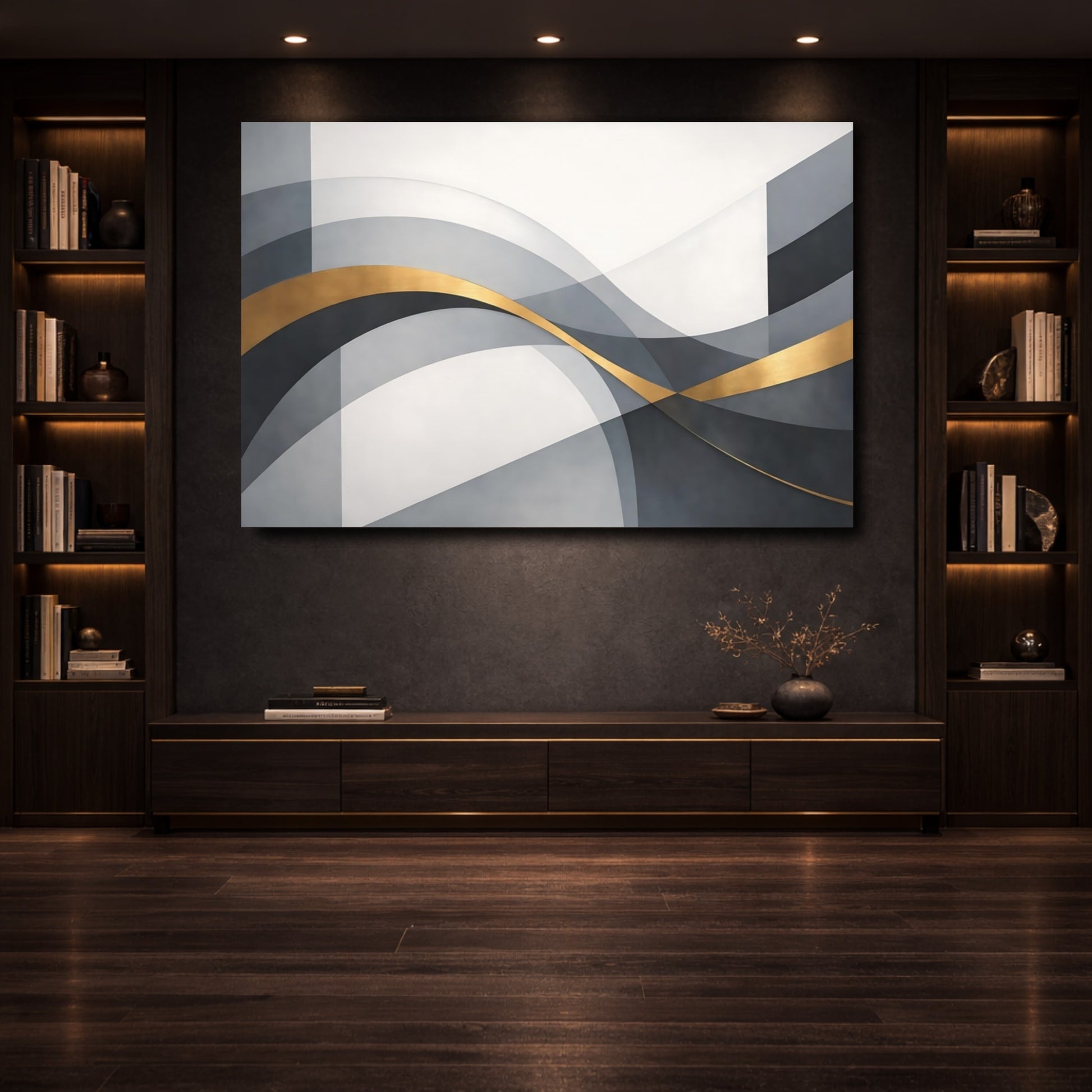 Mockup 3. Abstract Abstract Waves Grey And Gold shown as stretched canvas wall art