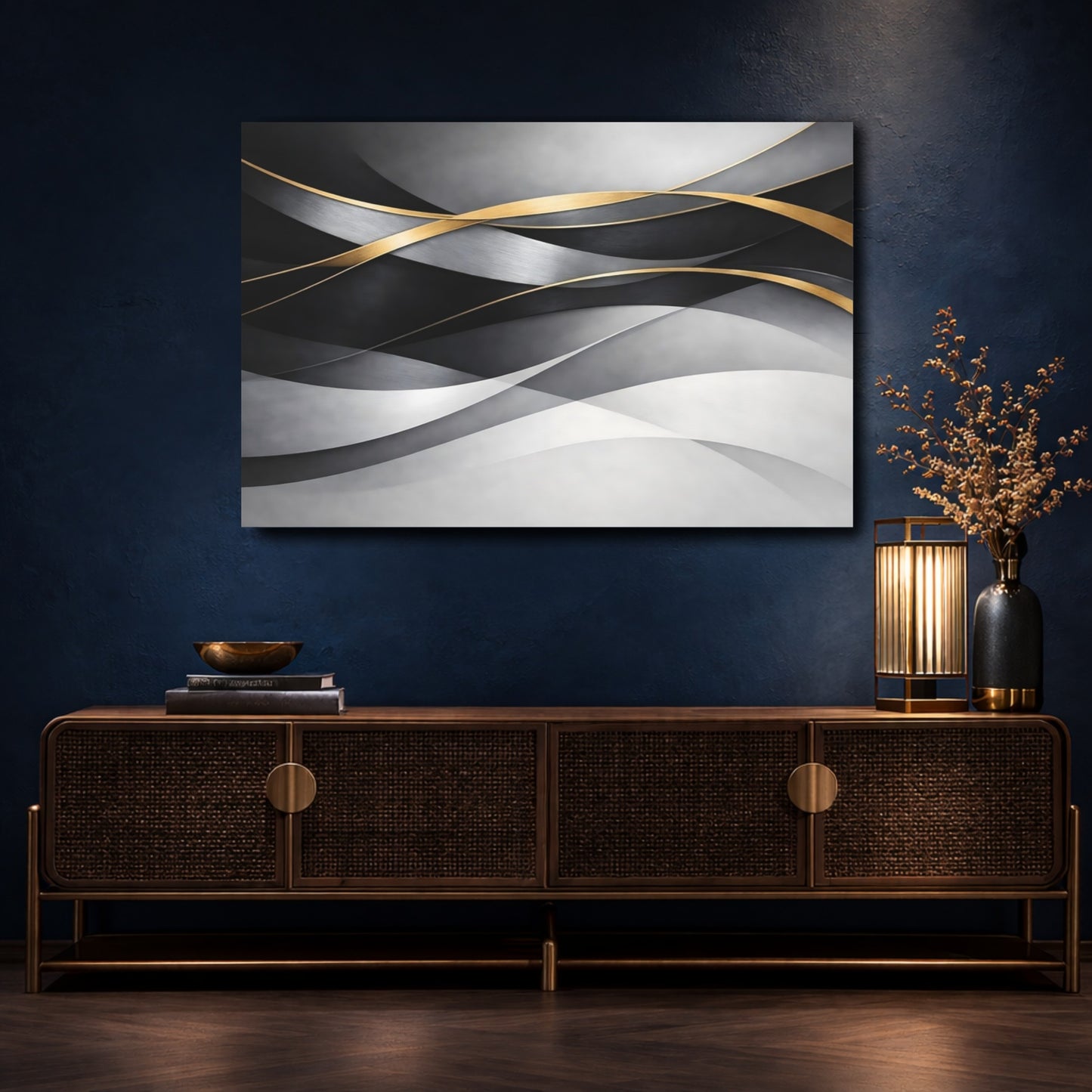 Mockup 4. Abstract Abstract Waves Grey And Gold shown as stretched canvas wall art