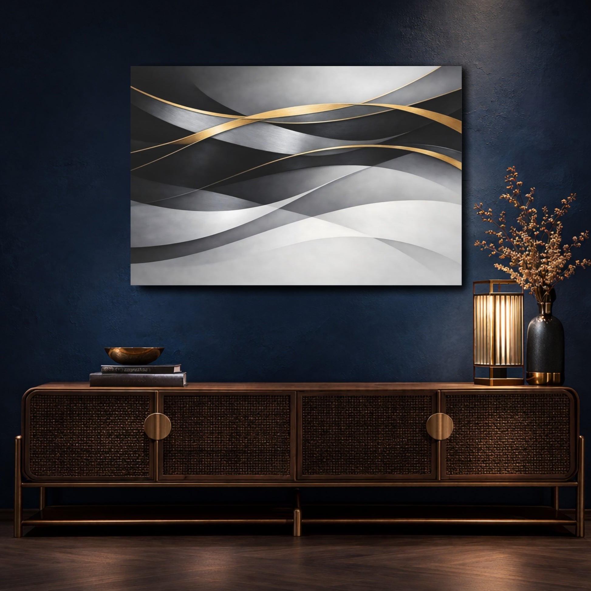 Mockup 4. Abstract Abstract Waves Grey And Gold shown as stretched canvas wall art