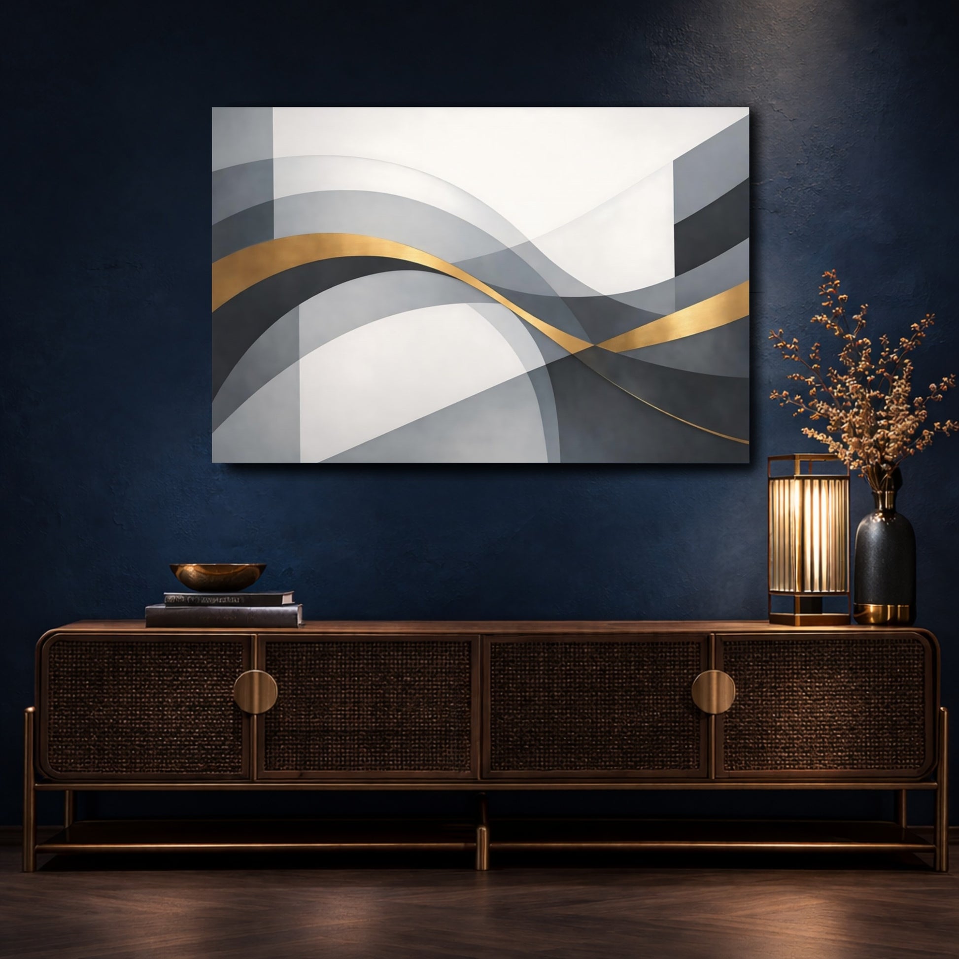 Mockup 4. Abstract Abstract Waves Grey And Gold shown as stretched canvas wall art