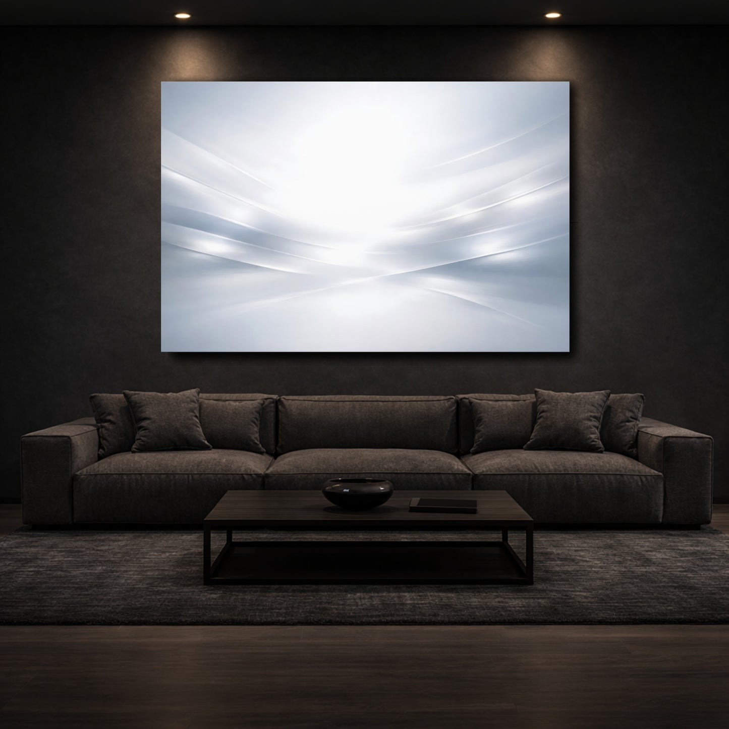 Mockup 2. Abstract Abstract Waves Grey And White shown as stretched canvas wall art
