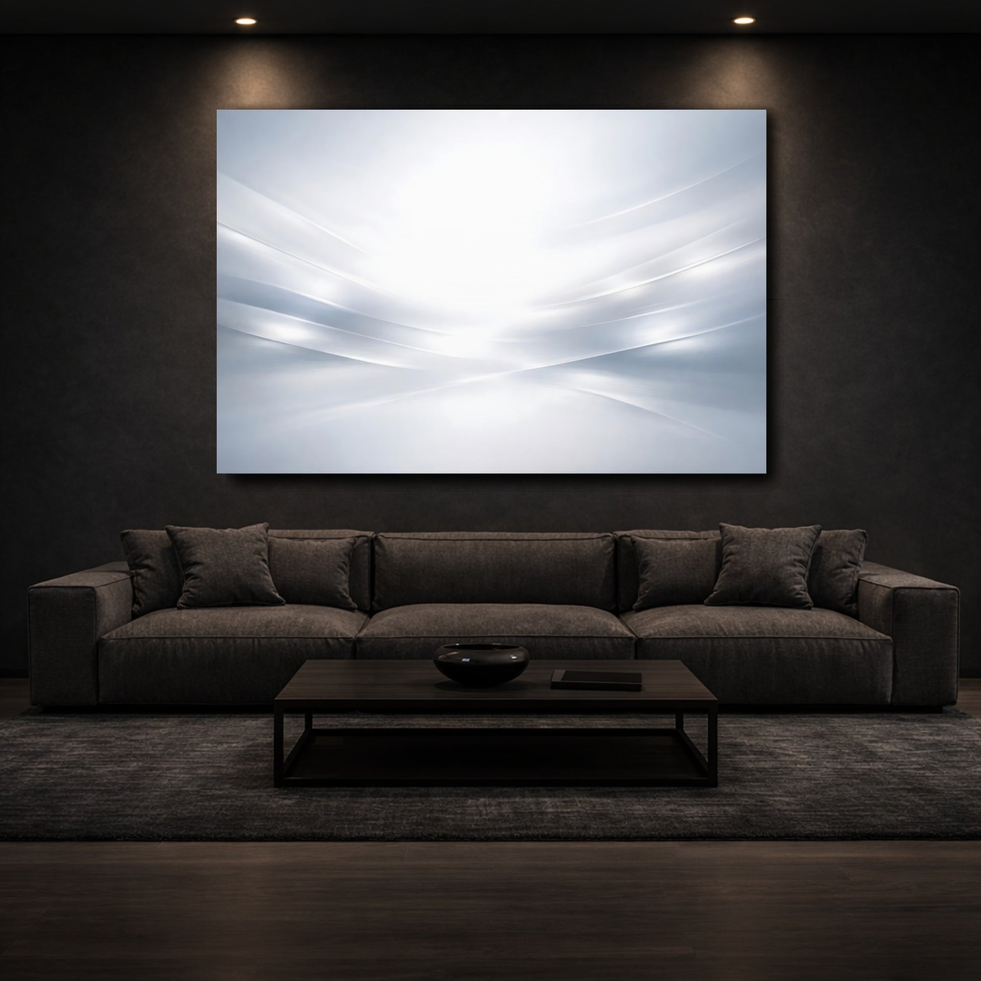 Mockup 2. Abstract Abstract Waves Grey And White shown as stretched canvas wall art