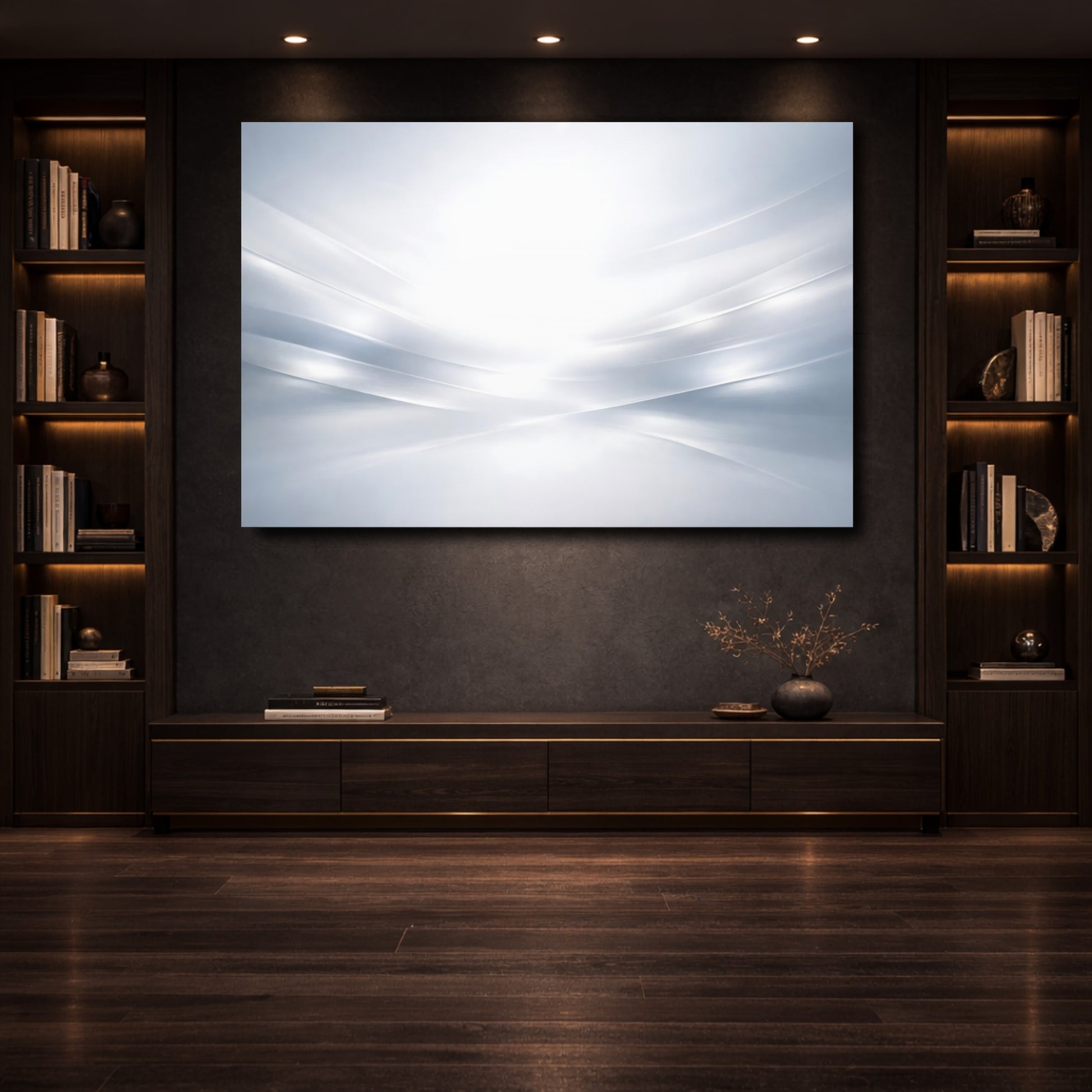 Mockup 3. Abstract Abstract Waves Grey And White shown as stretched canvas wall art