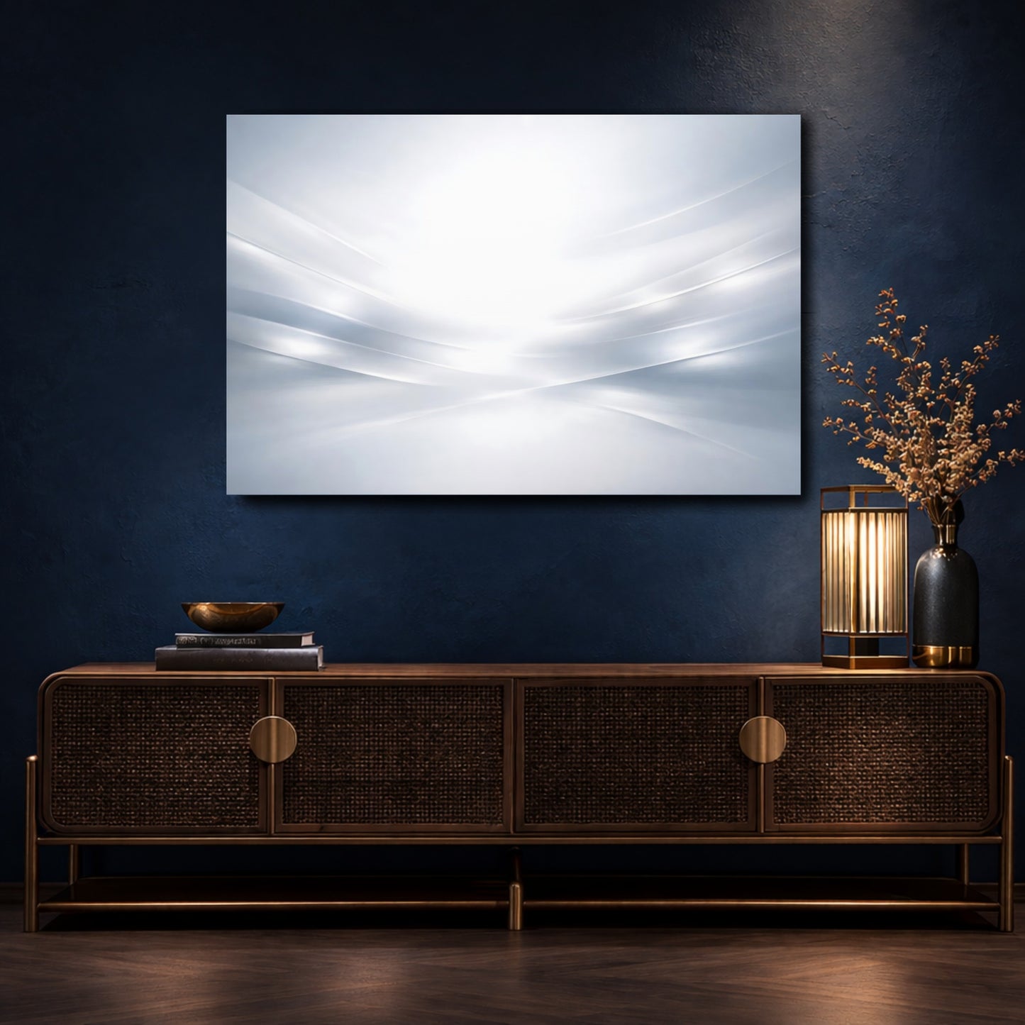 Mockup 4. Abstract Abstract Waves Grey And White shown as stretched canvas wall art