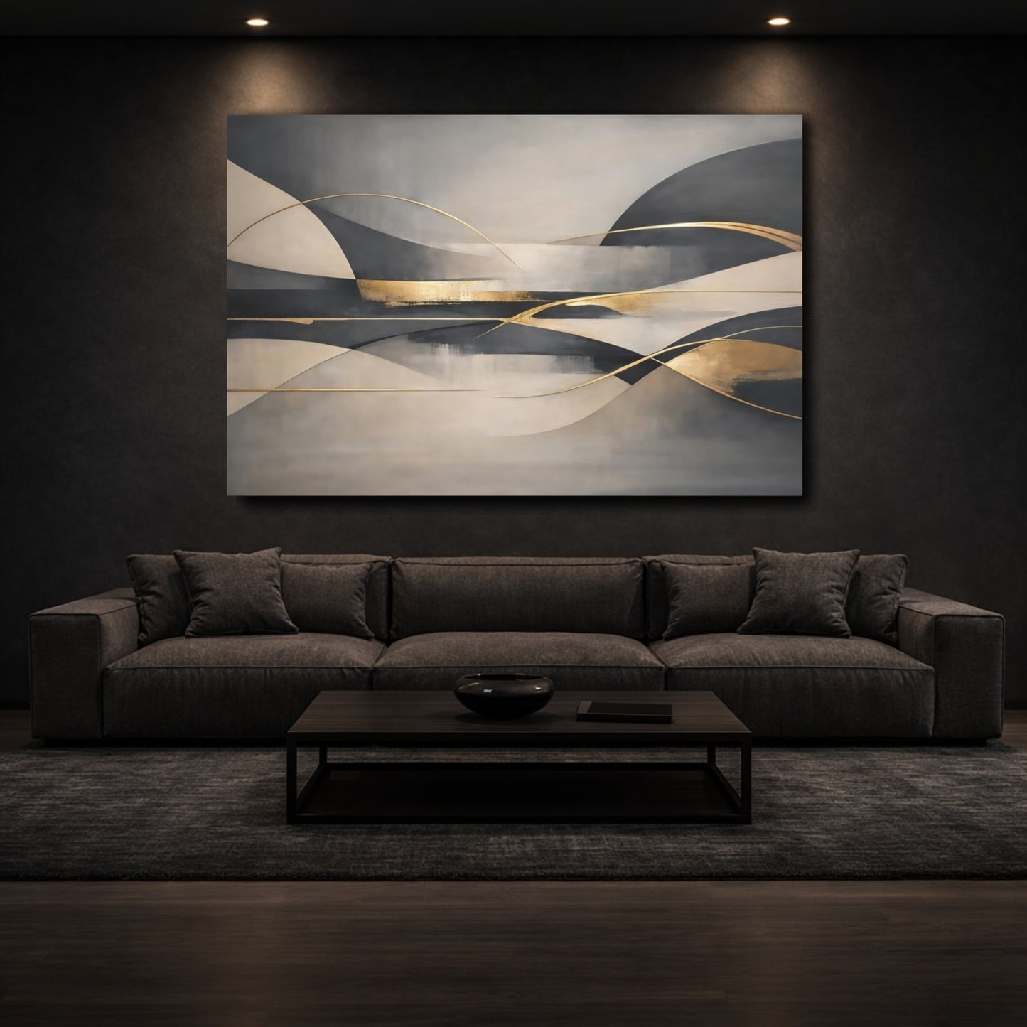 Mockup 2. Abstract Abstract Waves Grey Beige Gold shown as stretched canvas wall art