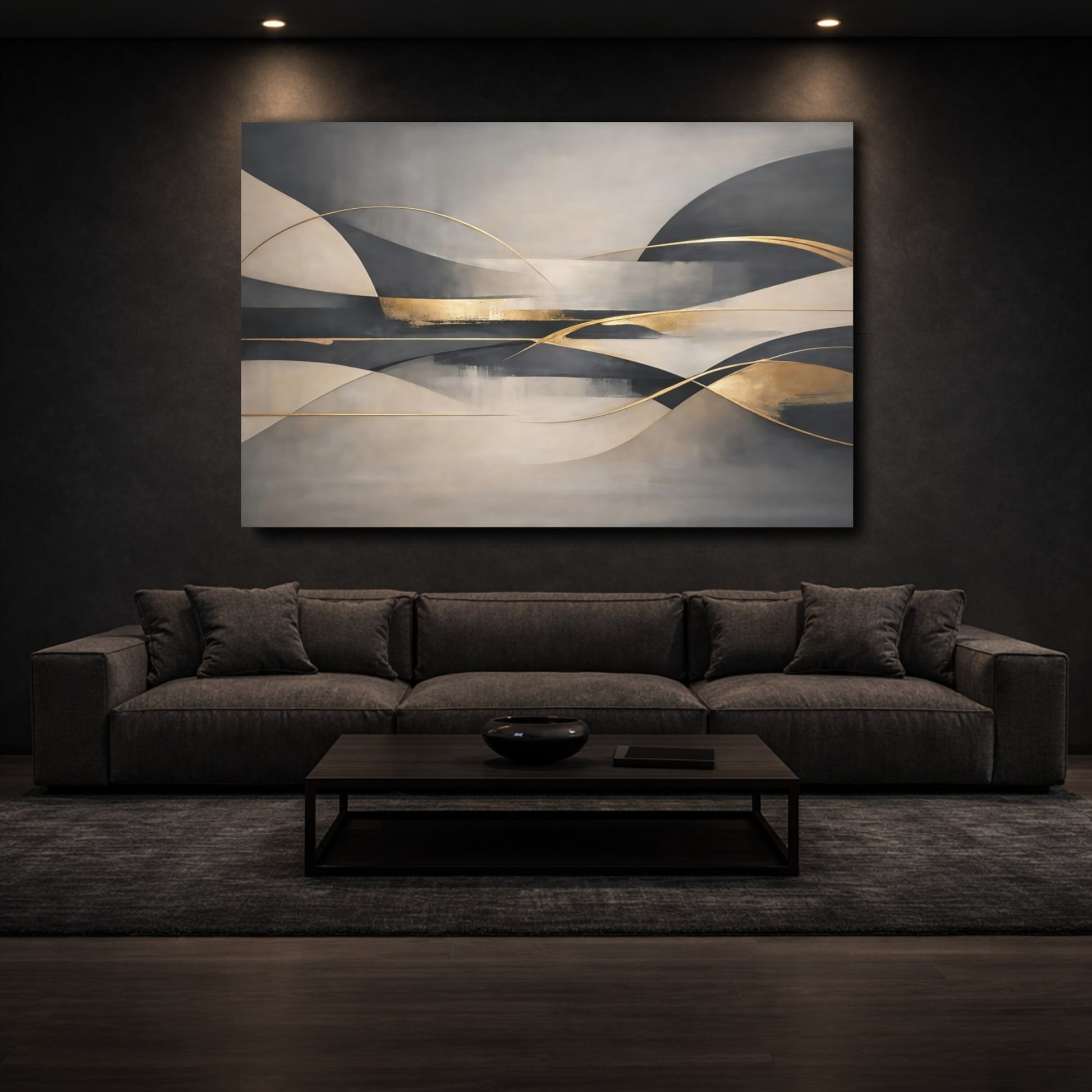 Mockup 2. Abstract Abstract Waves Grey Beige Gold shown as stretched canvas wall art