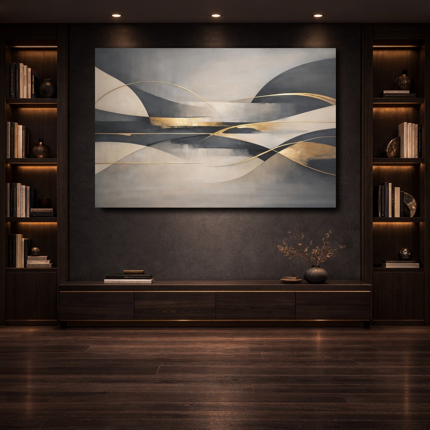 Mockup 3. Abstract Abstract Waves Grey Beige Gold shown as stretched canvas wall art