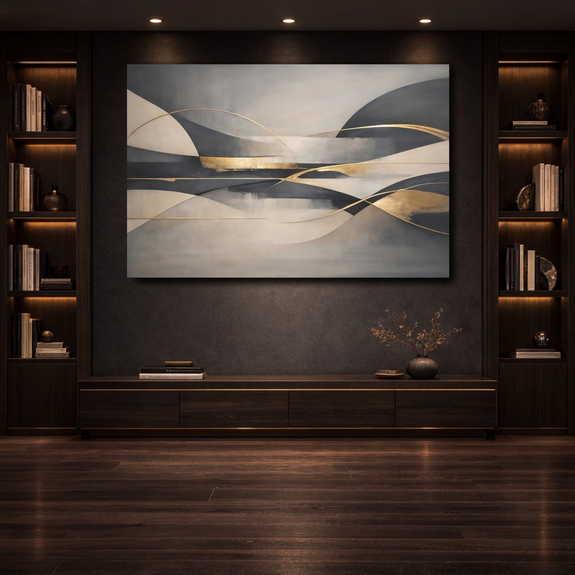 Mockup 3. Abstract Abstract Waves Grey Beige Gold shown as stretched canvas wall art