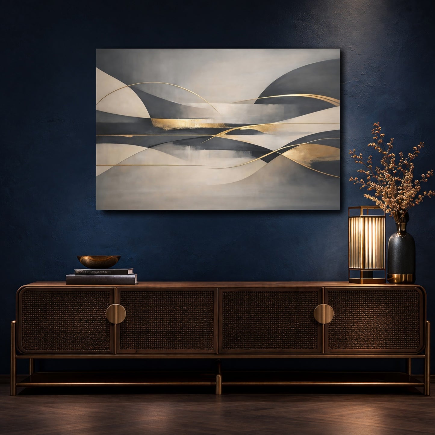 Mockup 4. Abstract Abstract Waves Grey Beige Gold shown as stretched canvas wall art