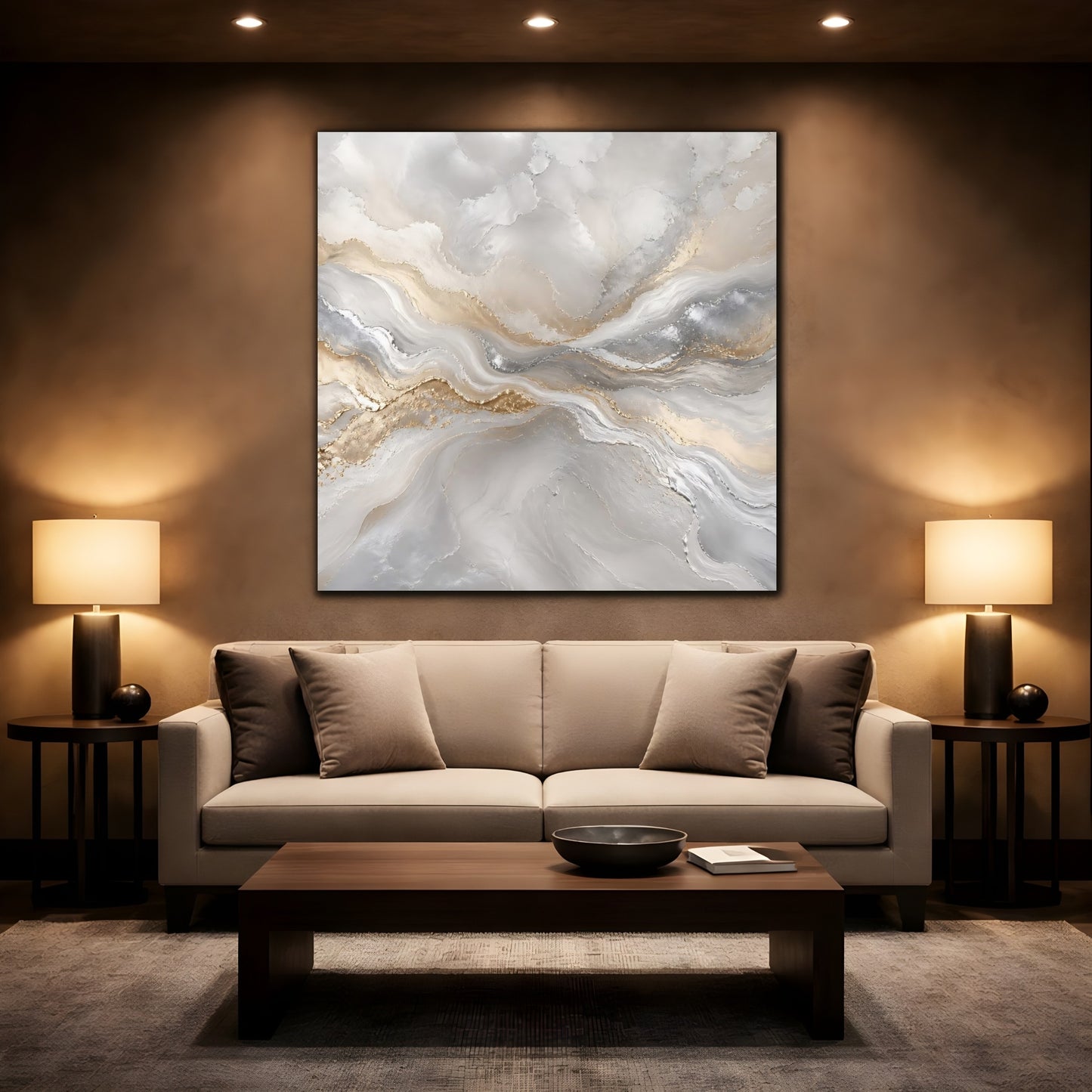 Mockup 2. Abstract Abstract Waves Grey Gold Abstract shown as stretched canvas wall art