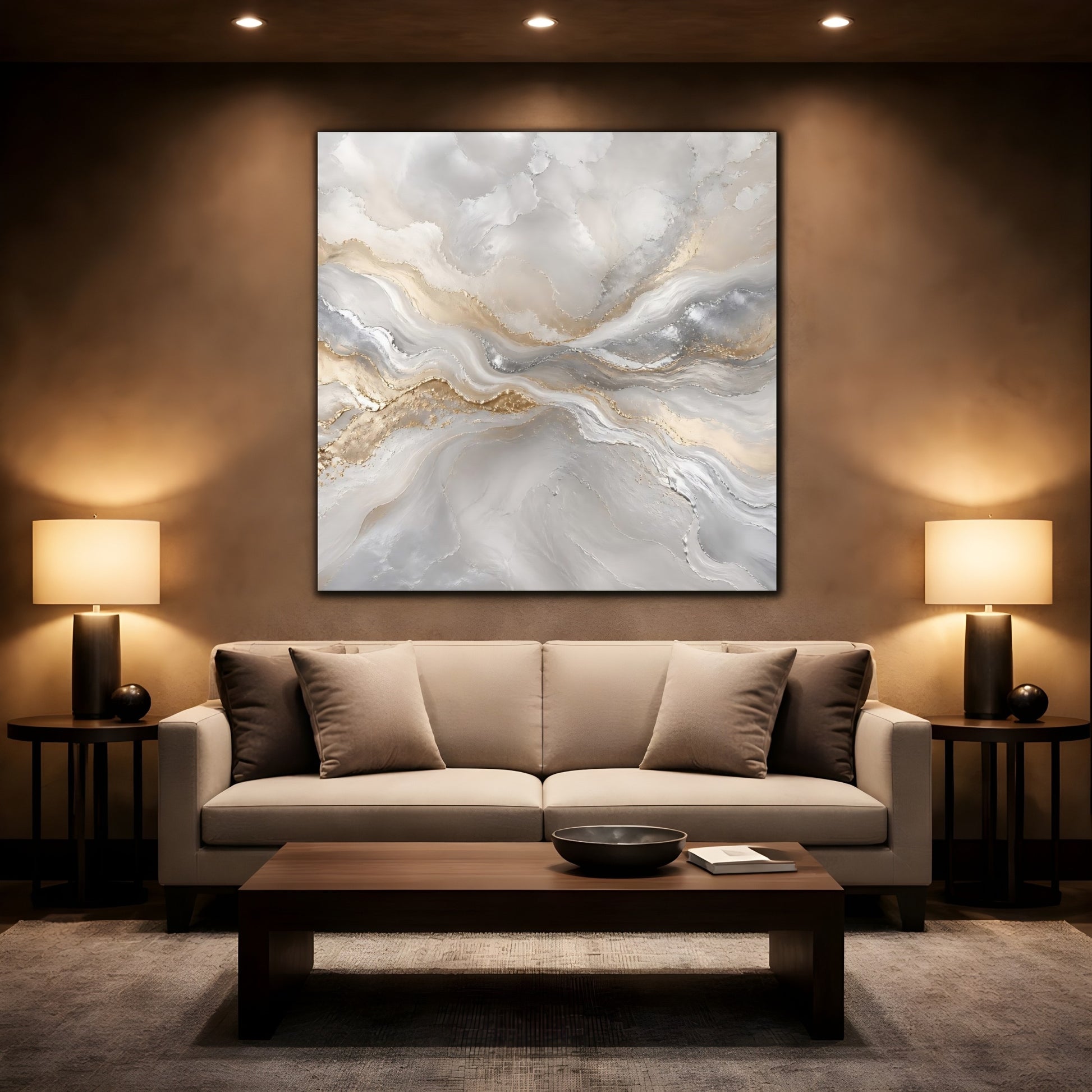 Mockup 2. Abstract Abstract Waves Grey Gold Abstract shown as stretched canvas wall art