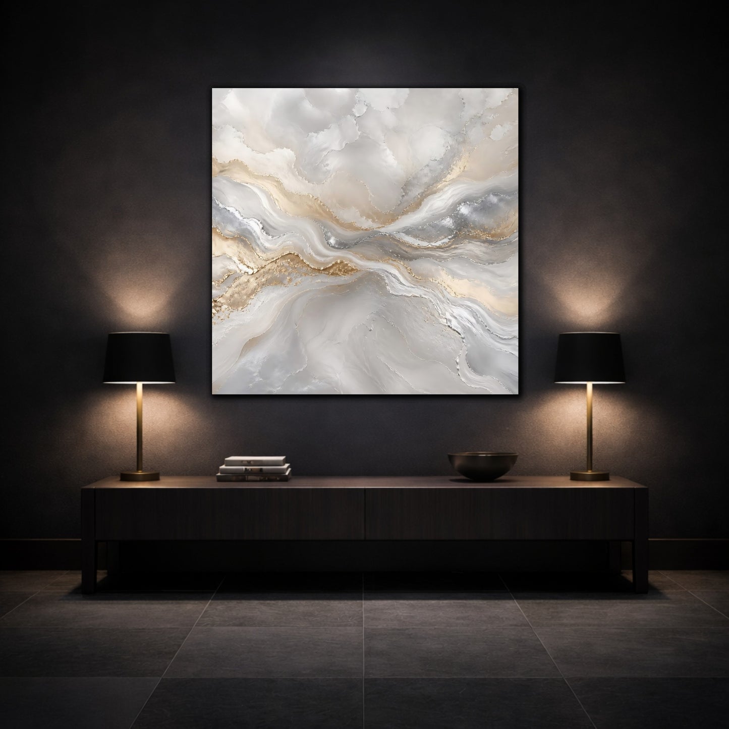 Mockup 3. Abstract Abstract Waves Grey Gold Abstract shown as stretched canvas wall art