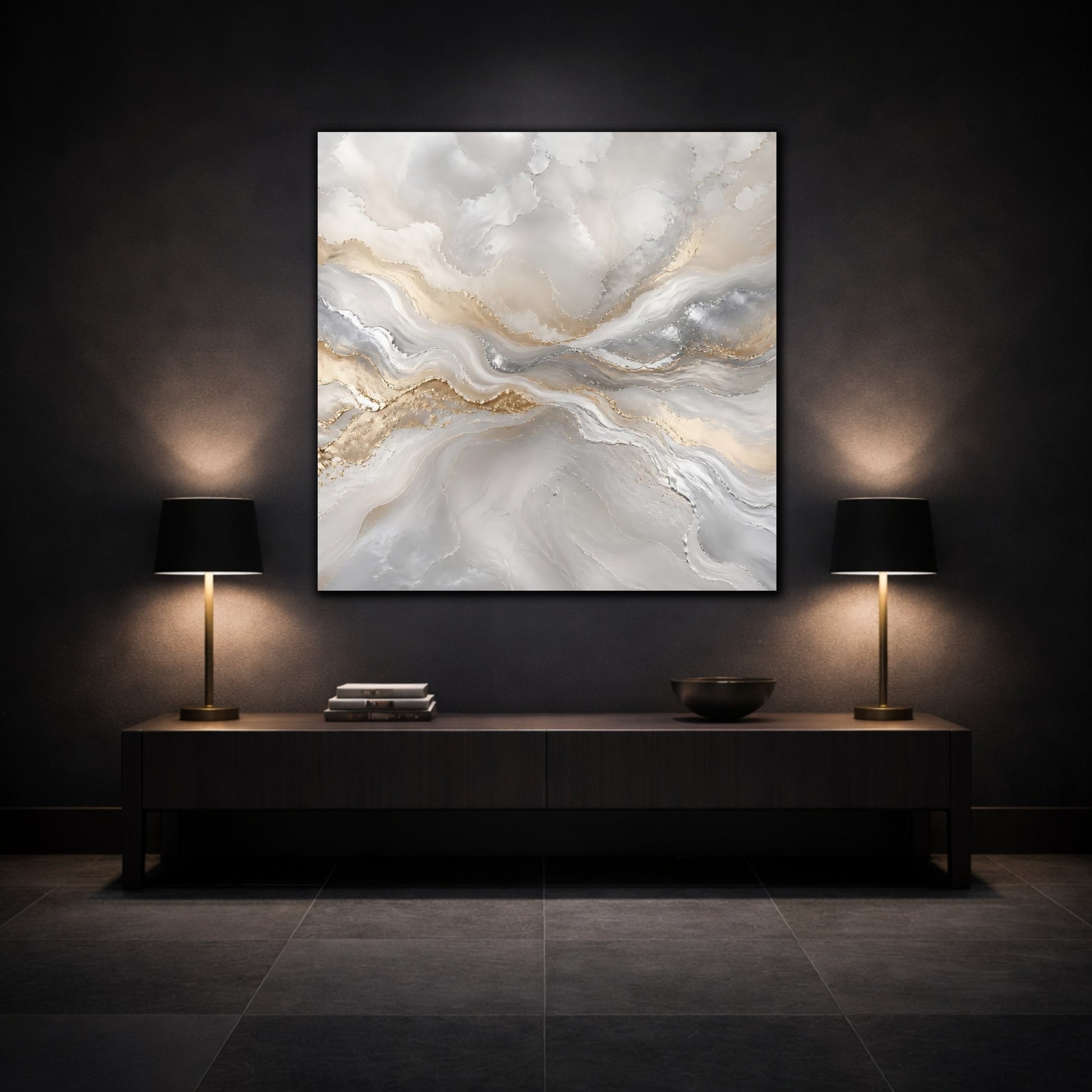 Mockup 3. Abstract Abstract Waves Grey Gold Abstract shown as stretched canvas wall art