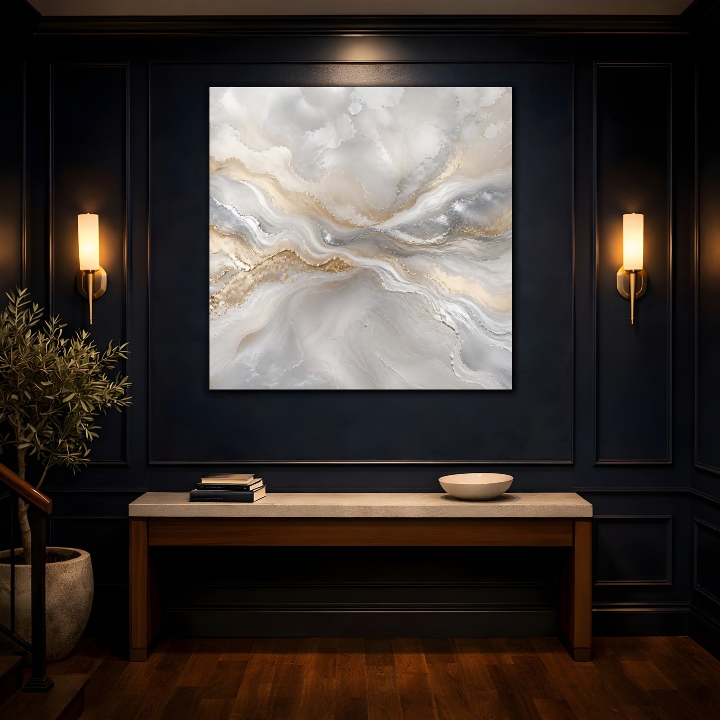 Mockup 4. Abstract Abstract Waves Grey Gold Abstract shown as stretched canvas wall art