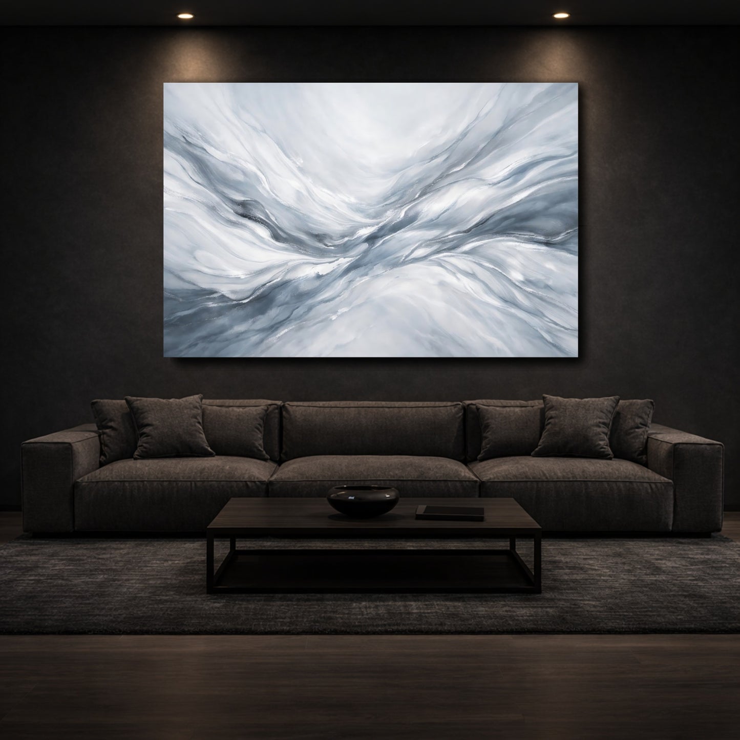Mockup 2. Abstract Abstract Waves Grey White Abstract shown as stretched canvas wall art
