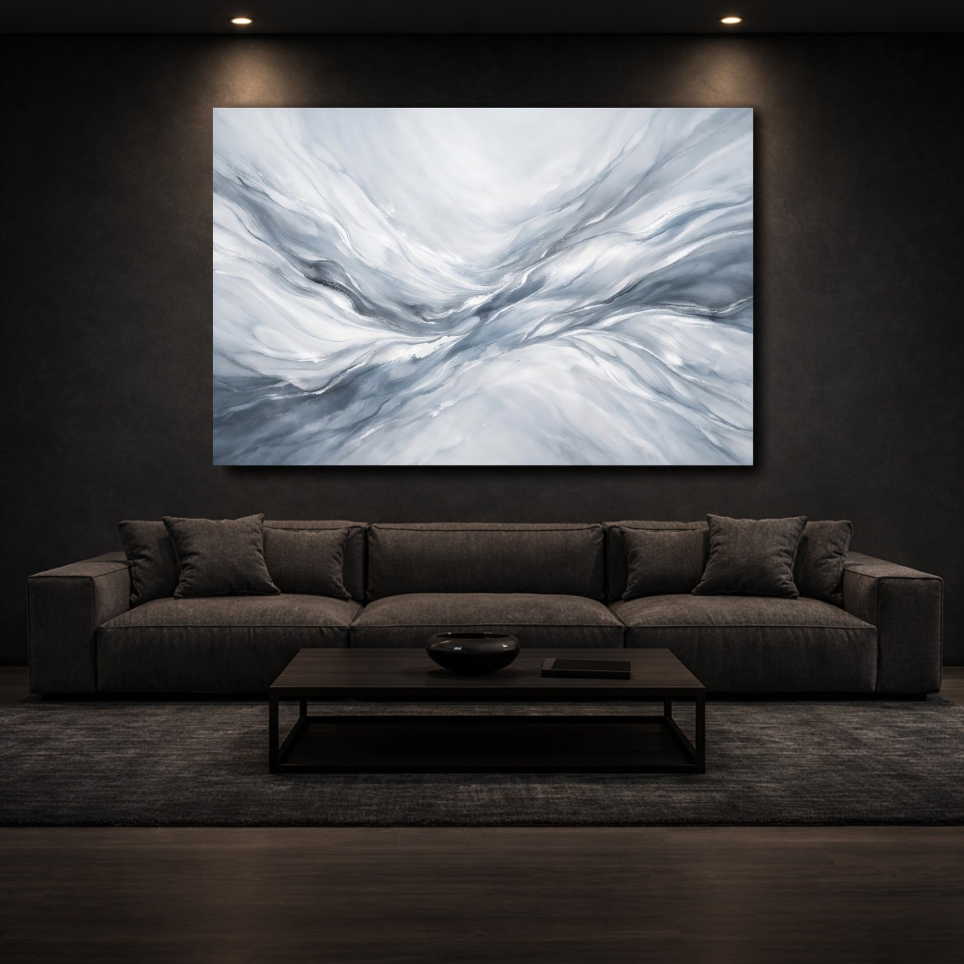 Mockup 2. Abstract Abstract Waves Grey White Abstract shown as stretched canvas wall art