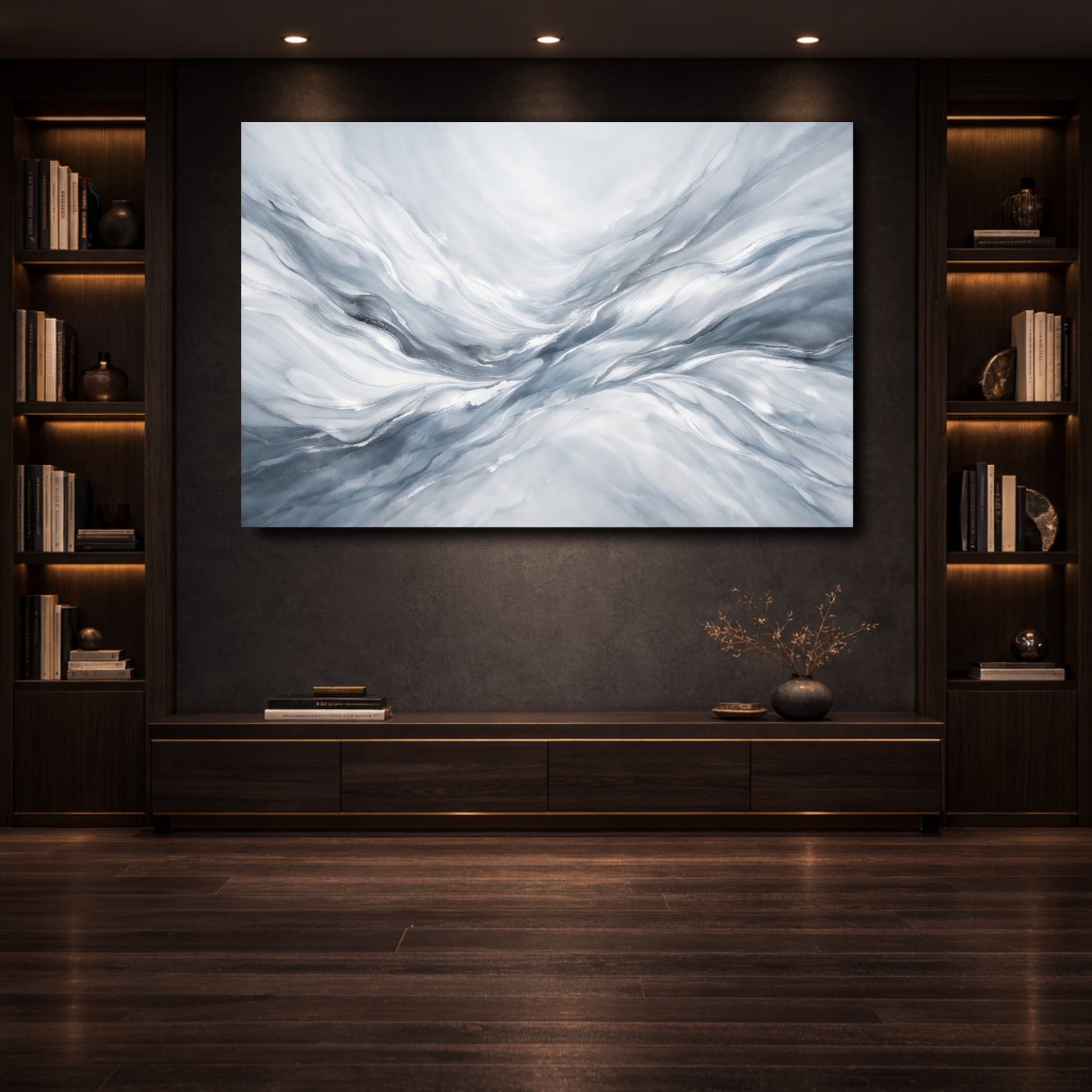 Mockup 3. Abstract Abstract Waves Grey White Abstract shown as stretched canvas wall art