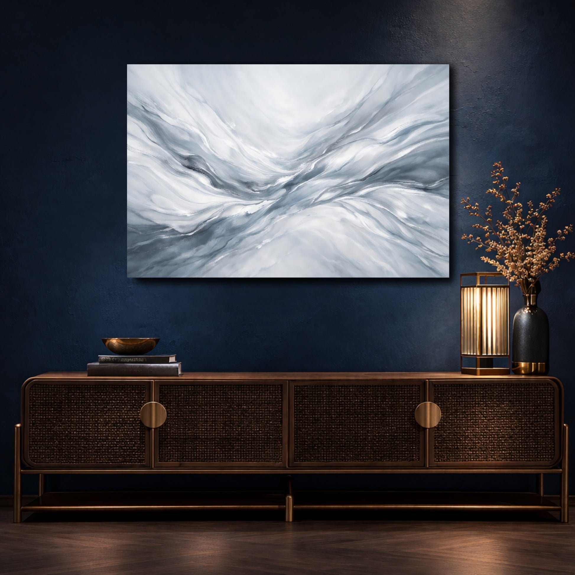 Mockup 4. Abstract Abstract Waves Grey White Abstract shown as stretched canvas wall art