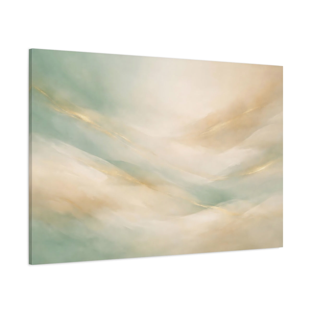 Main Mockup. Abstract Abstract Waves Mint Green Gold shown as stretched canvas wall art