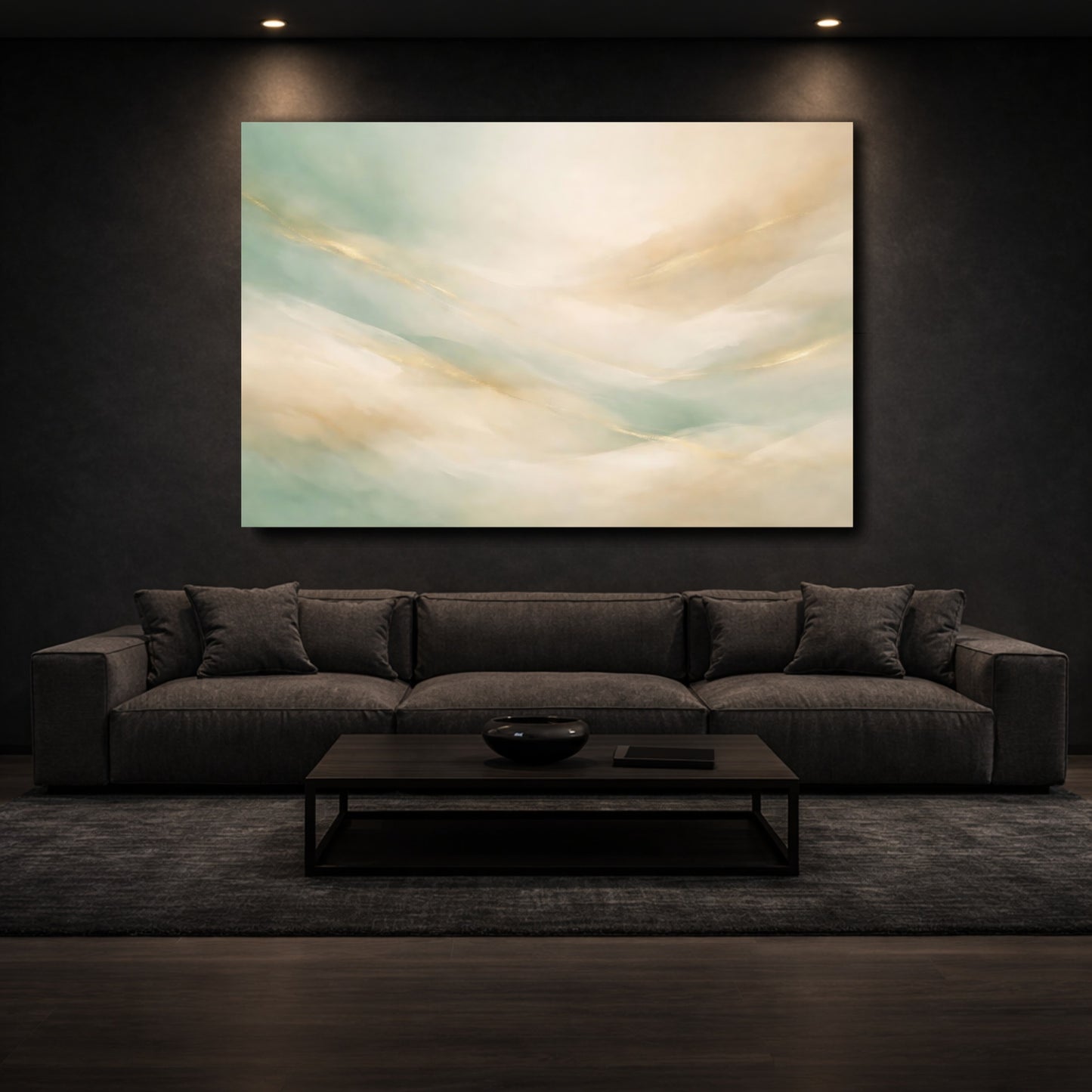 Mockup 2. Abstract Abstract Waves Mint Green Gold shown as stretched canvas wall art
