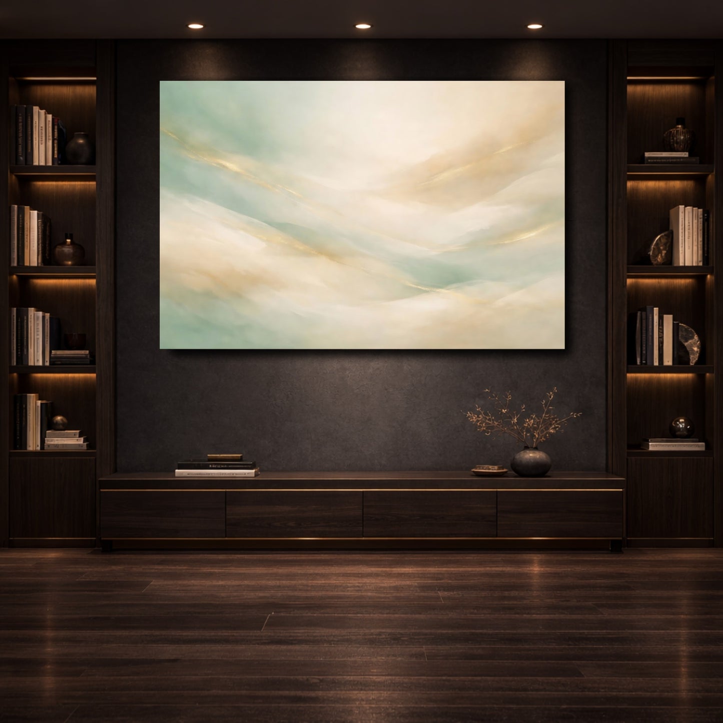 Mockup 3. Abstract Abstract Waves Mint Green Gold shown as stretched canvas wall art