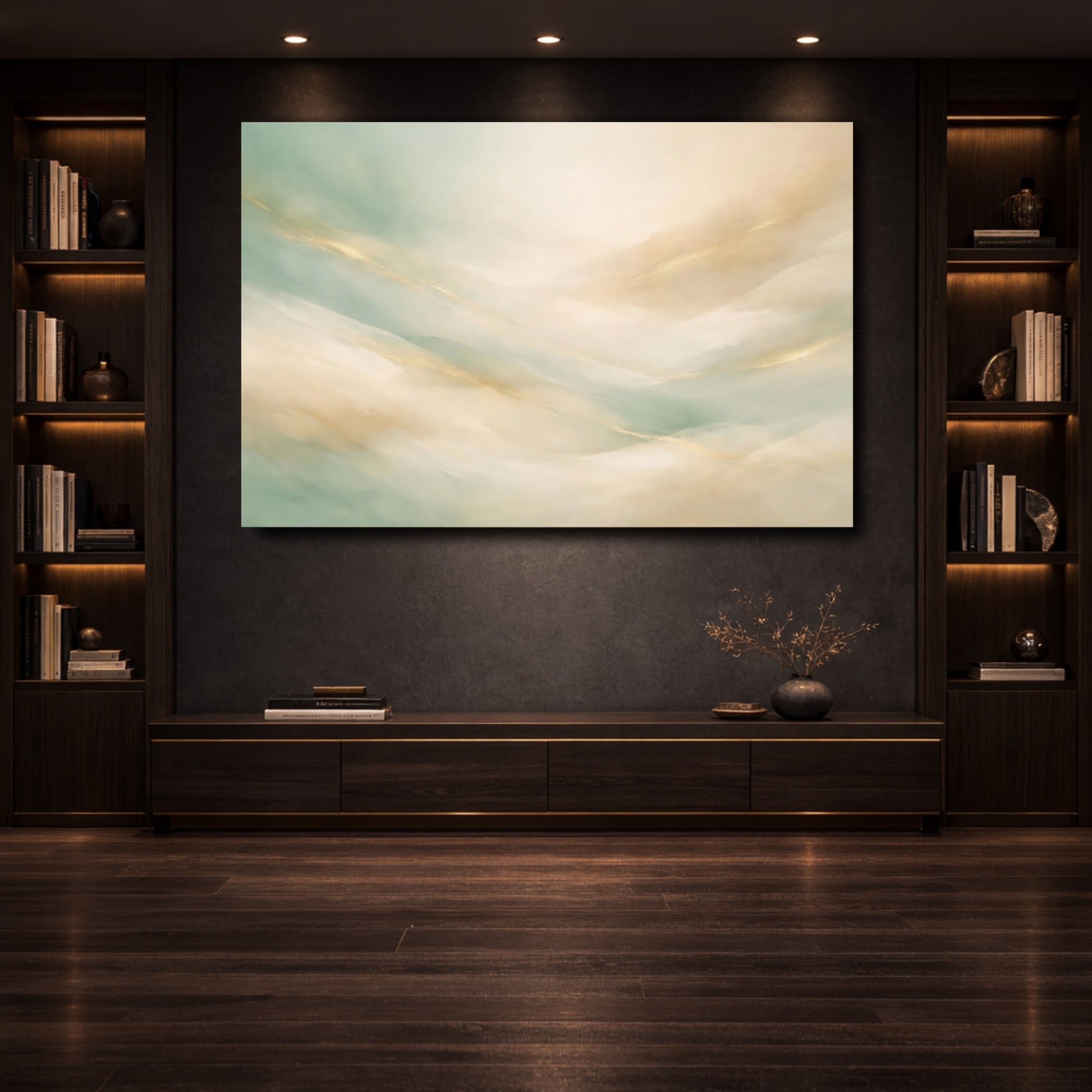 Mockup 3. Abstract Abstract Waves Mint Green Gold shown as stretched canvas wall art