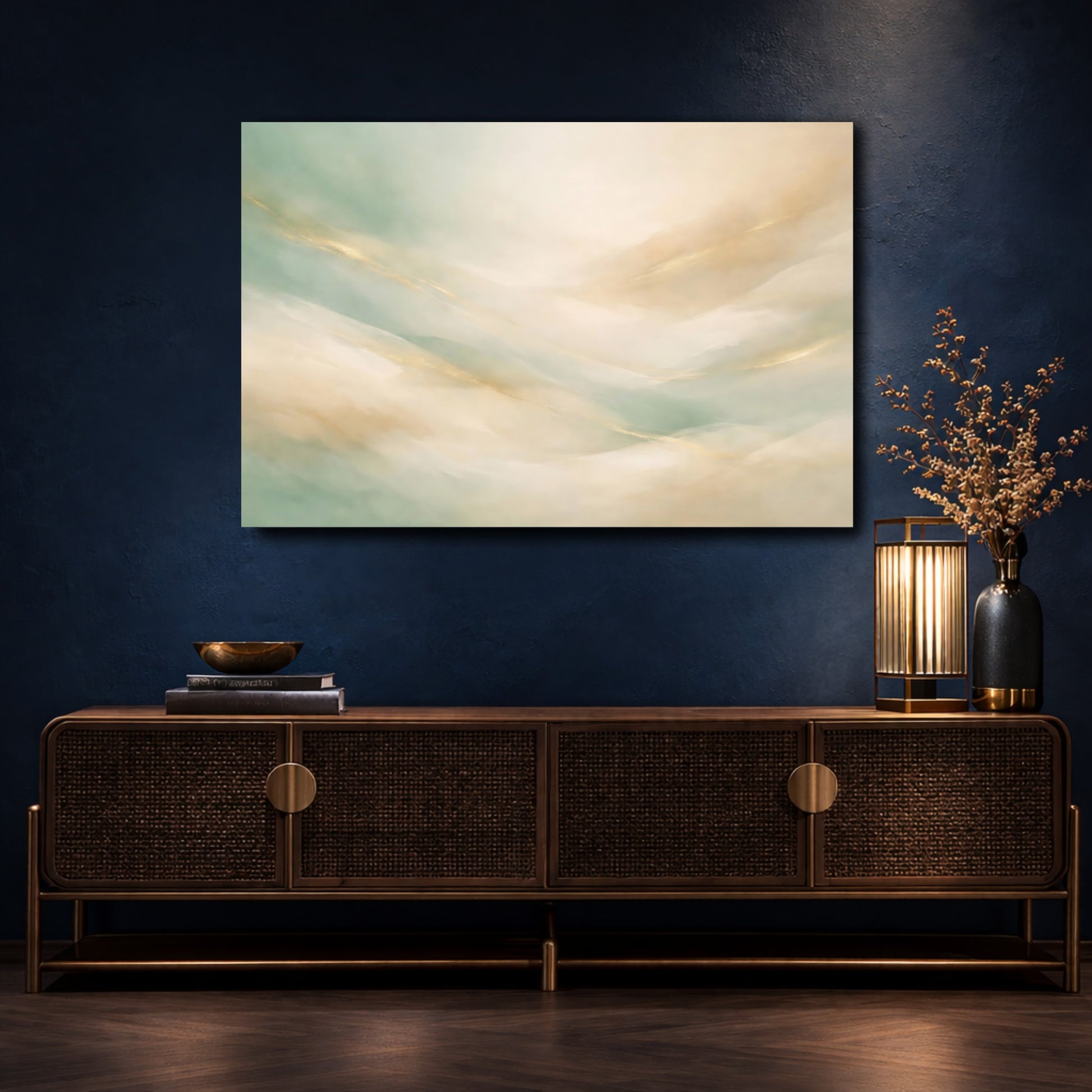 Mockup 4. Abstract Abstract Waves Mint Green Gold shown as stretched canvas wall art