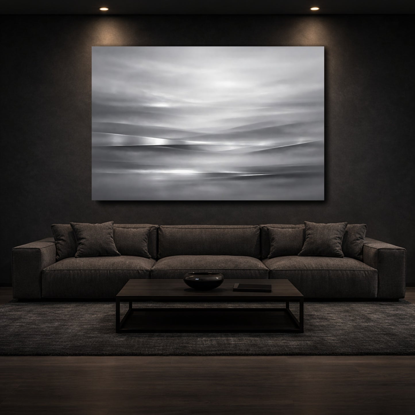 Mockup 2. Abstract Abstract Waves Monochrome Landscape shown as stretched canvas wall art