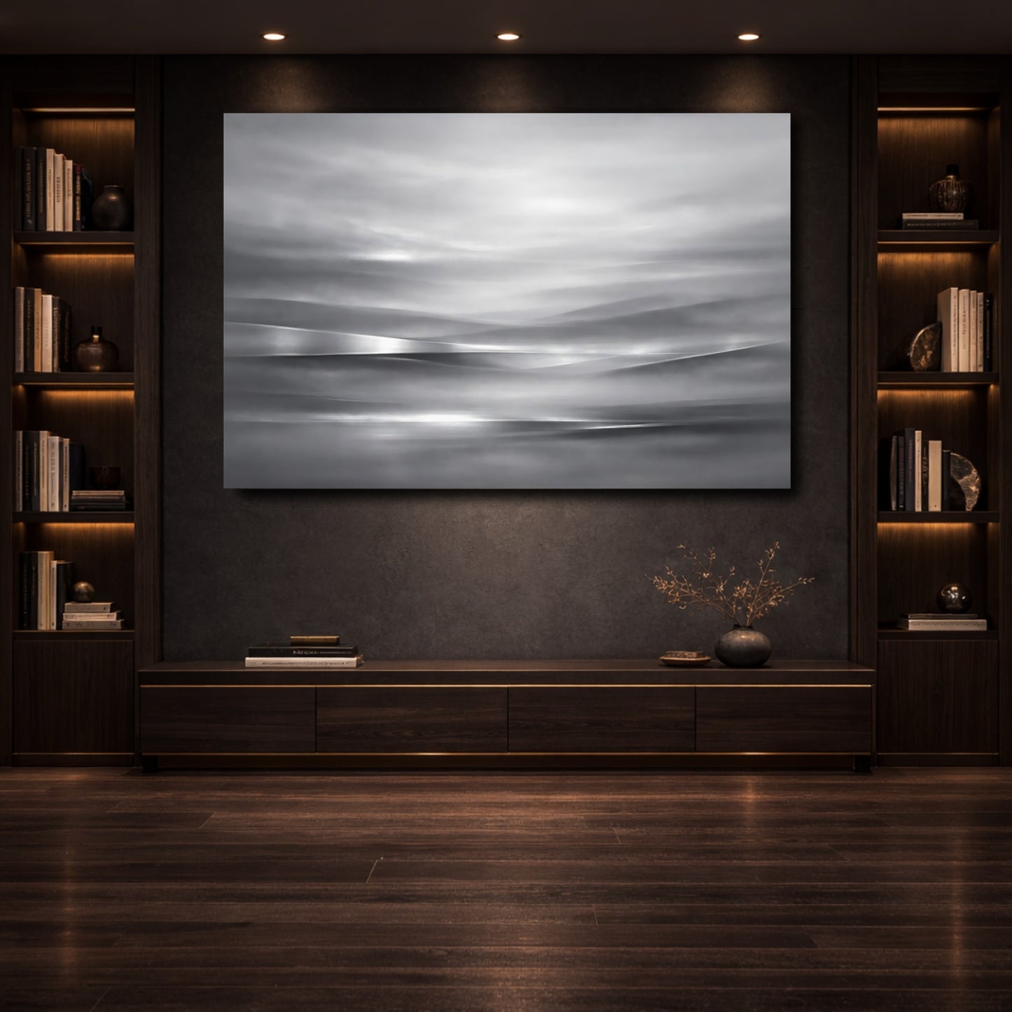 Mockup 3. Abstract Abstract Waves Monochrome Landscape shown as stretched canvas wall art