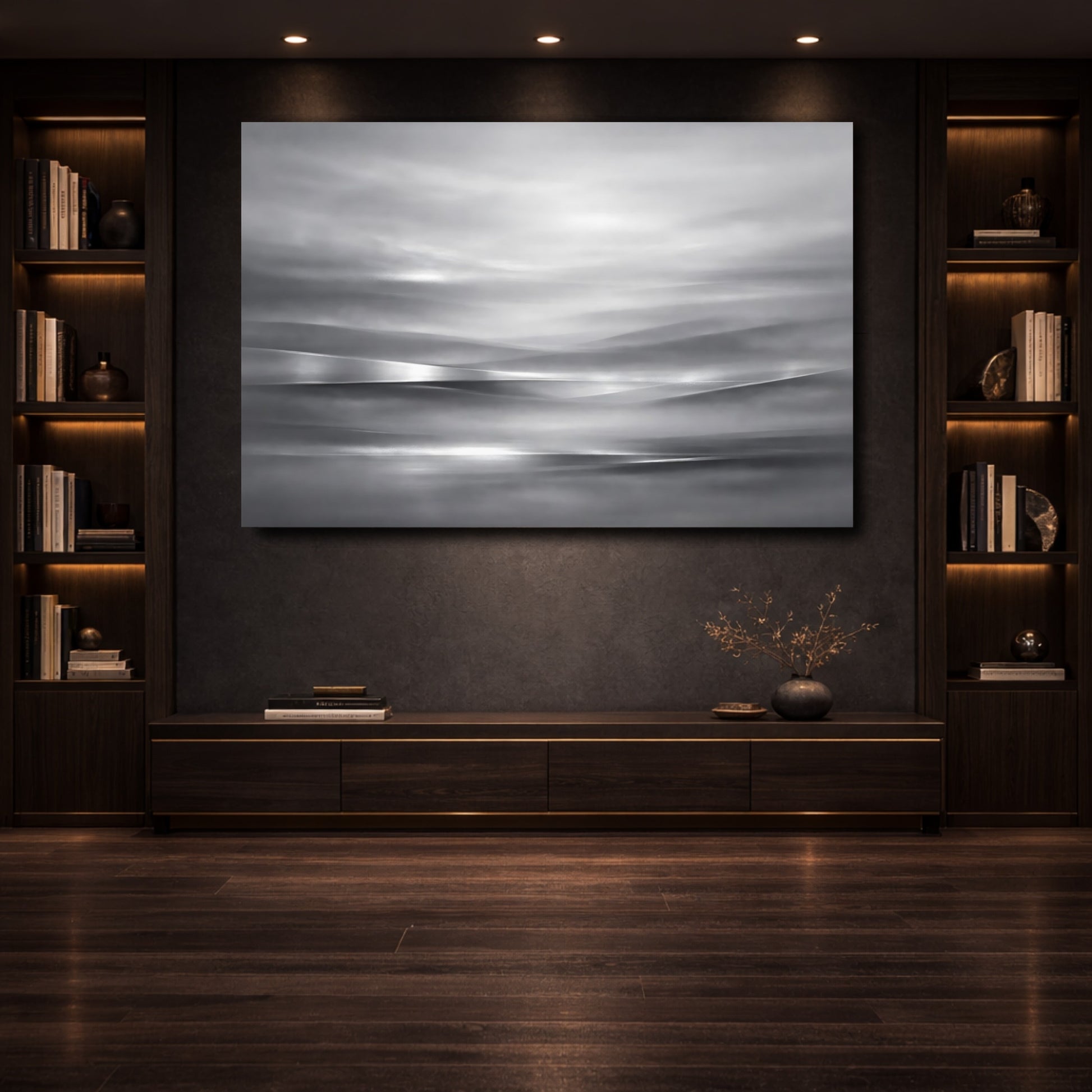 Mockup 3. Abstract Abstract Waves Monochrome Landscape shown as stretched canvas wall art