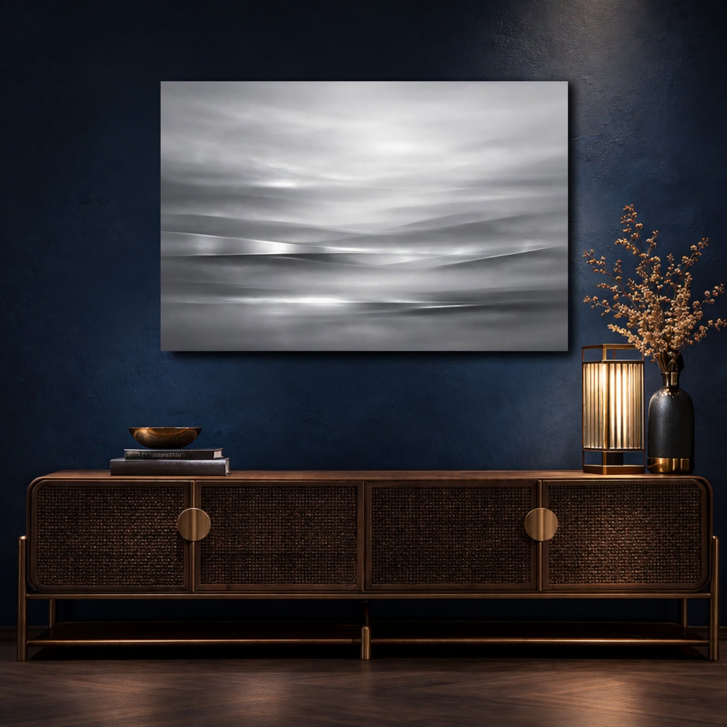 Mockup 4. Abstract Abstract Waves Monochrome Landscape shown as stretched canvas wall art