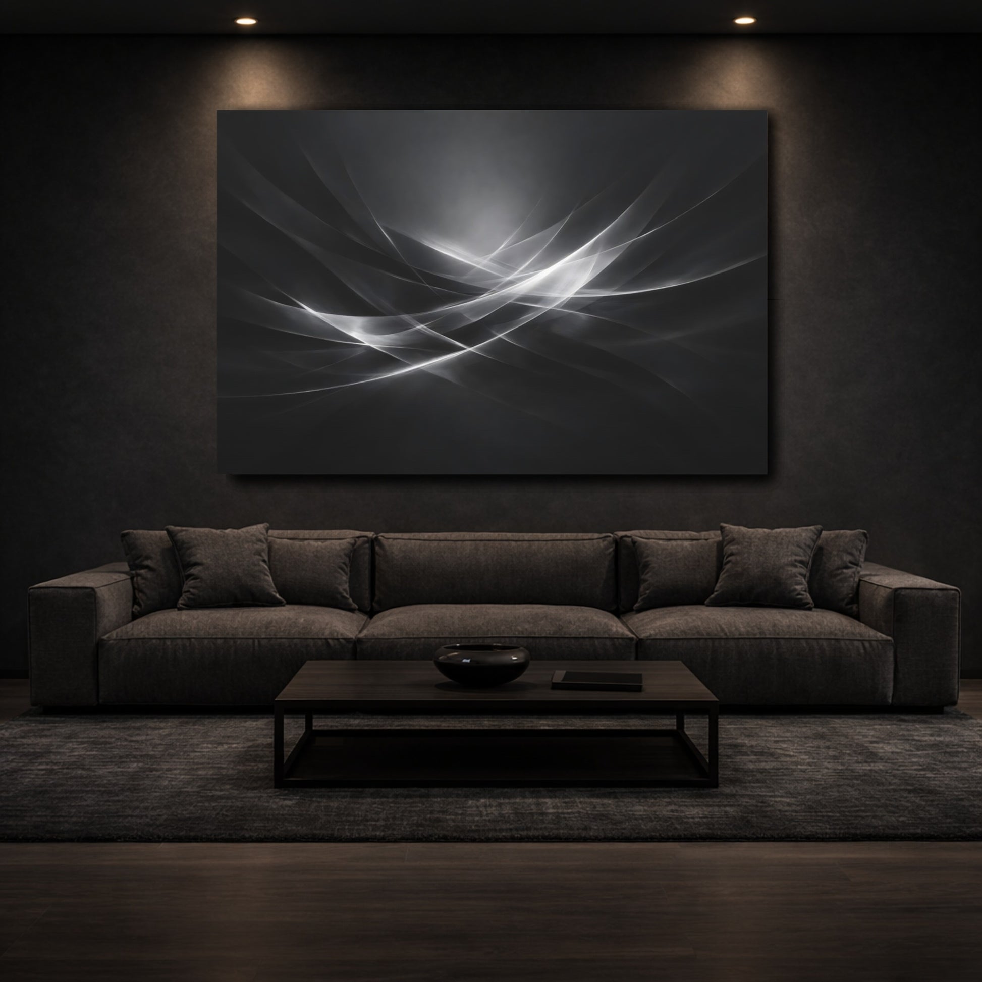 Mockup 2. Abstract Abstract Waves Monochrome Waves shown as stretched canvas wall art