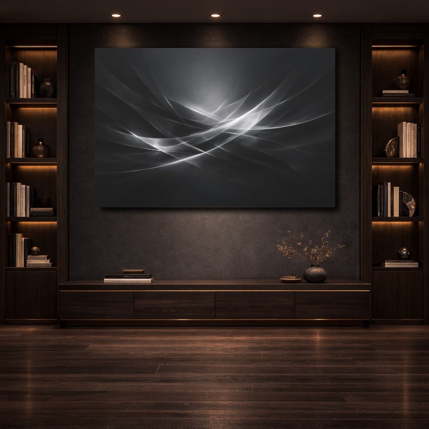 Mockup 3. Abstract Abstract Waves Monochrome Waves shown as stretched canvas wall art