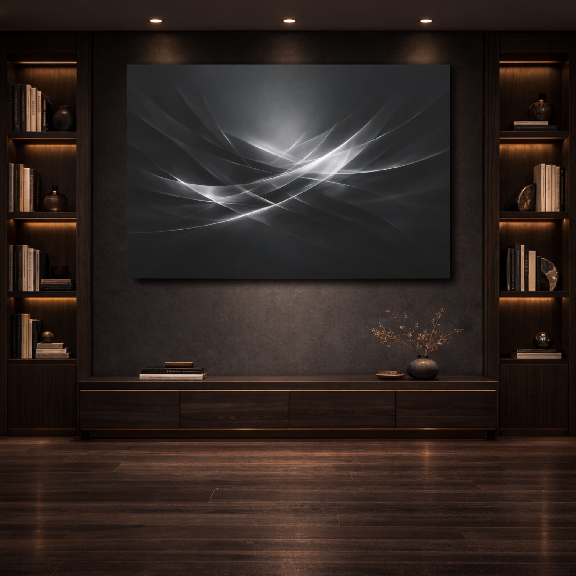 Mockup 3. Abstract Abstract Waves Monochrome Waves shown as stretched canvas wall art