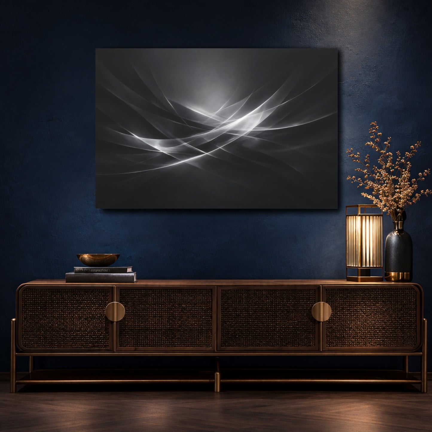 Mockup 4. Abstract Abstract Waves Monochrome Waves shown as stretched canvas wall art