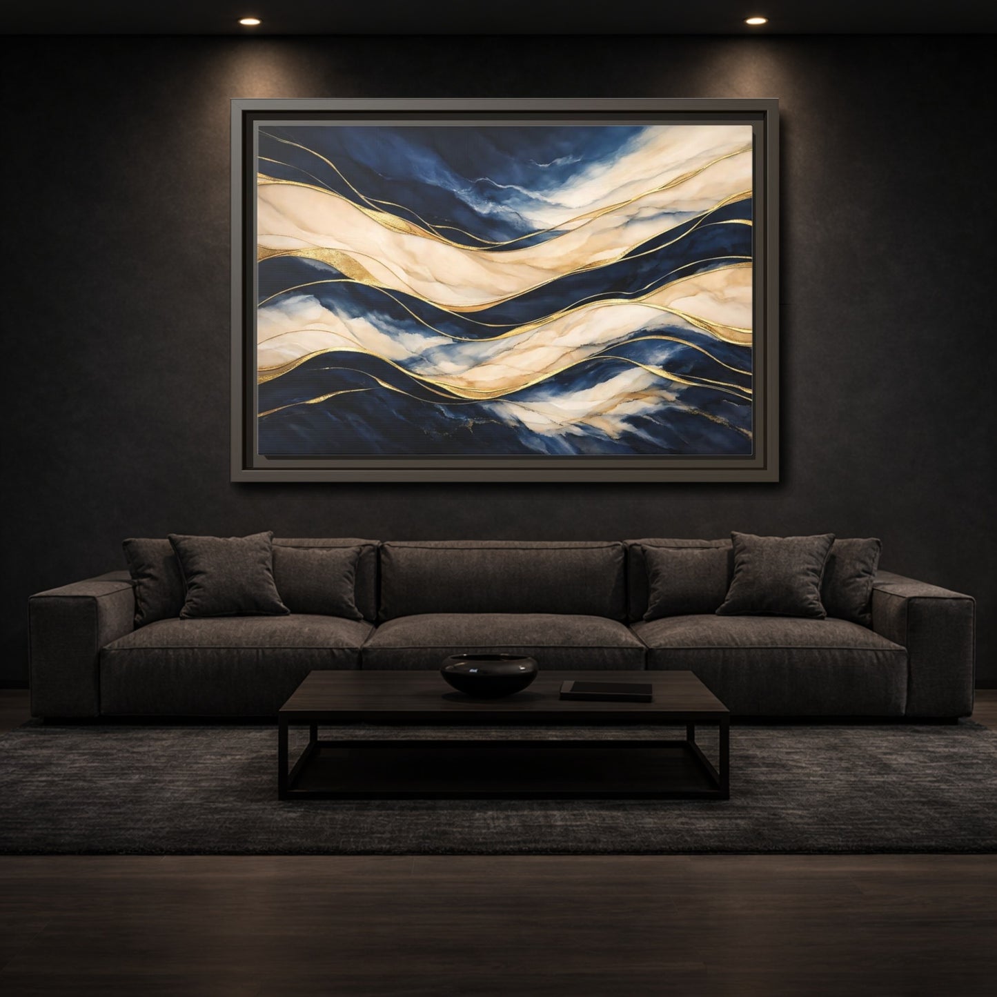 Mockup 2. Abstract Abstract Waves Navy Gold Abstract shown as stretched canvas wall art