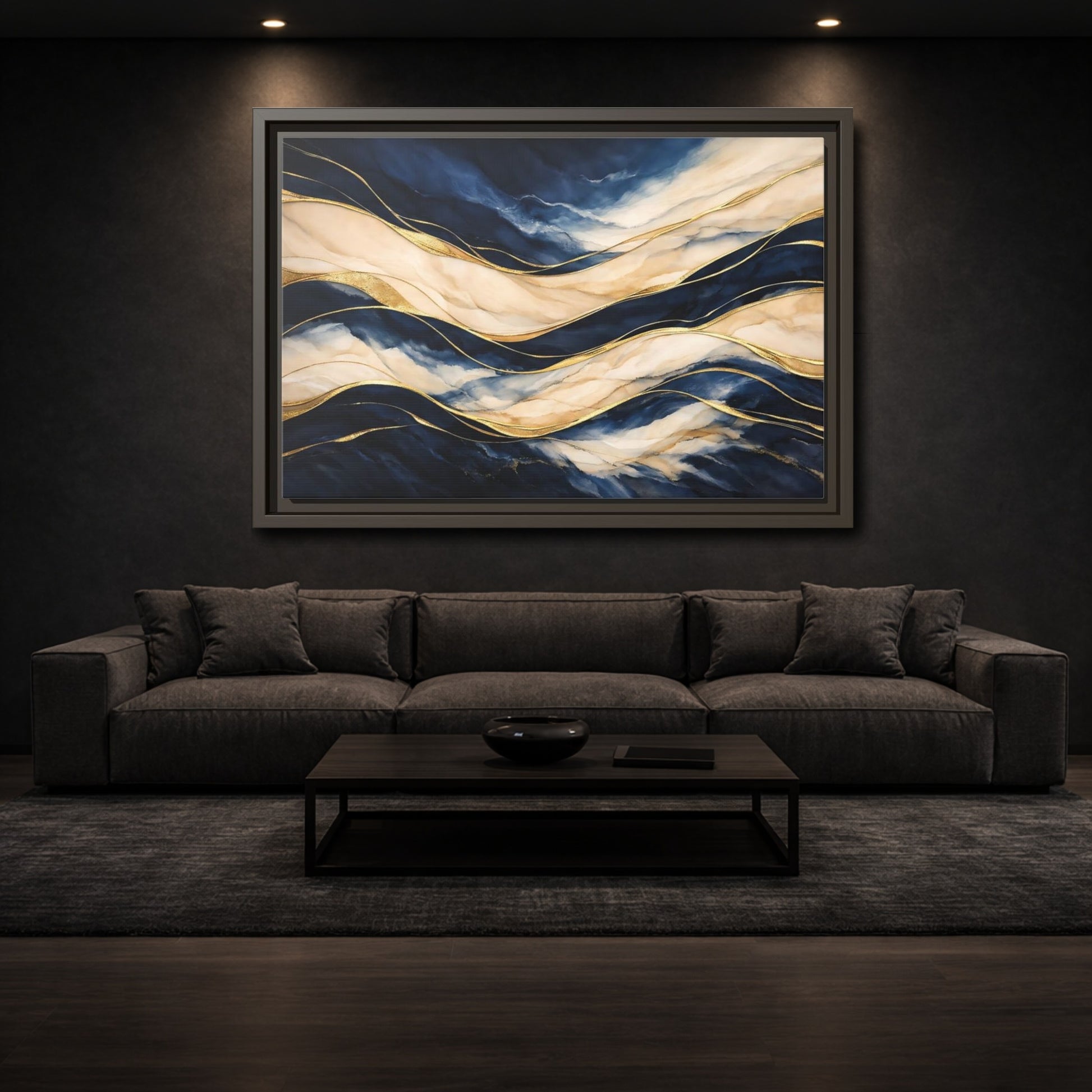 Mockup 2. Abstract Abstract Waves Navy Gold Abstract shown as stretched canvas wall art