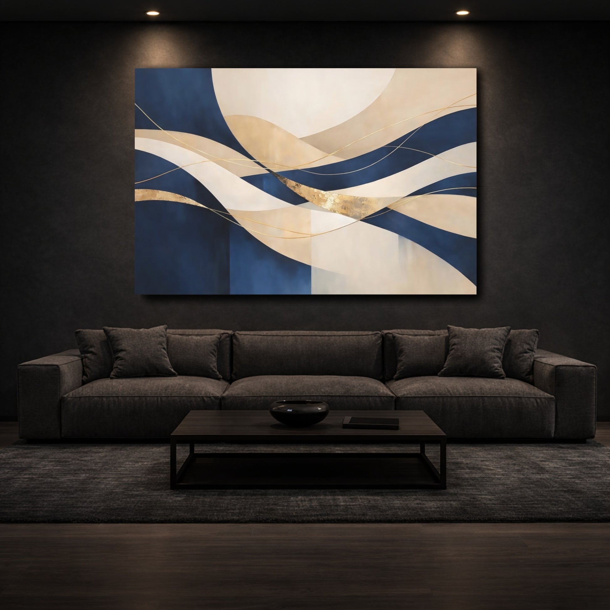 Mockup 2. Abstract Abstract Waves Navy Gold Abstract shown as stretched canvas wall art