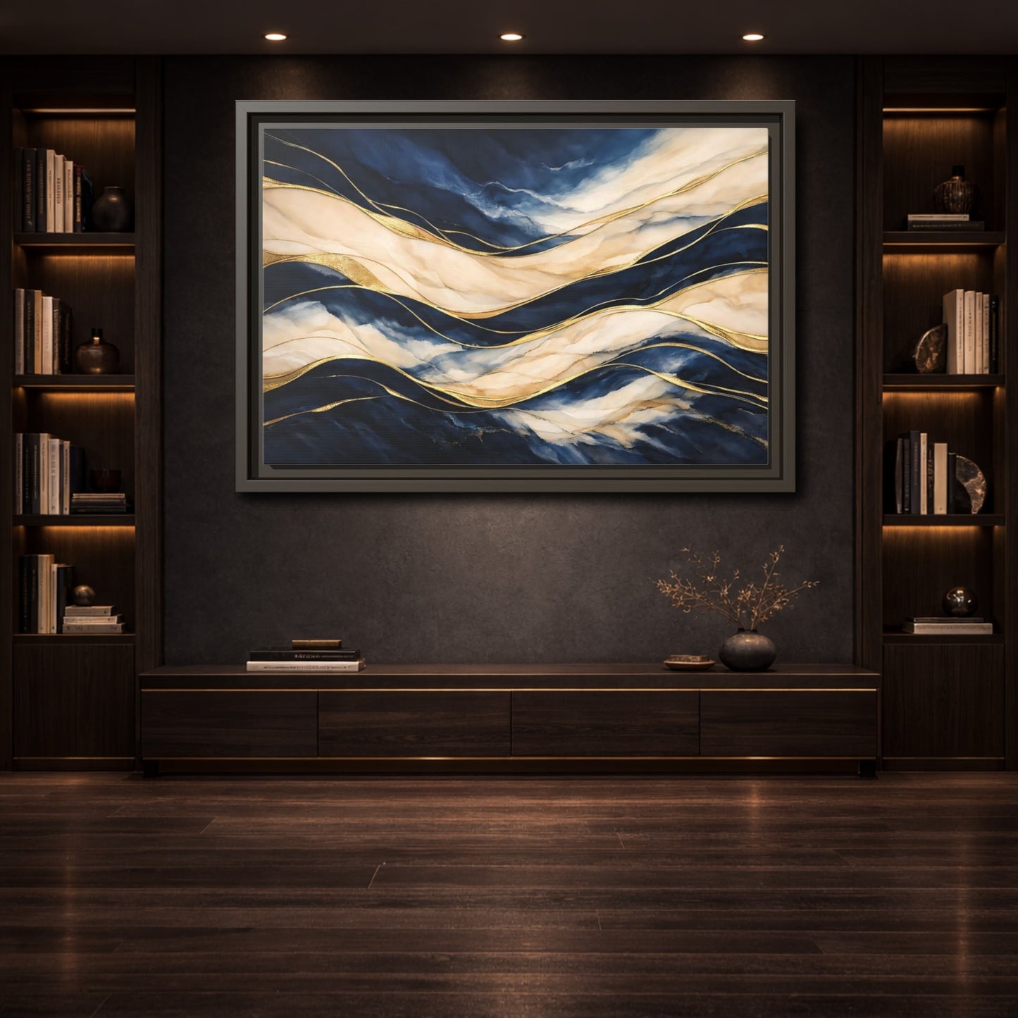 Mockup 3. Abstract Abstract Waves Navy Gold Abstract shown as stretched canvas wall art