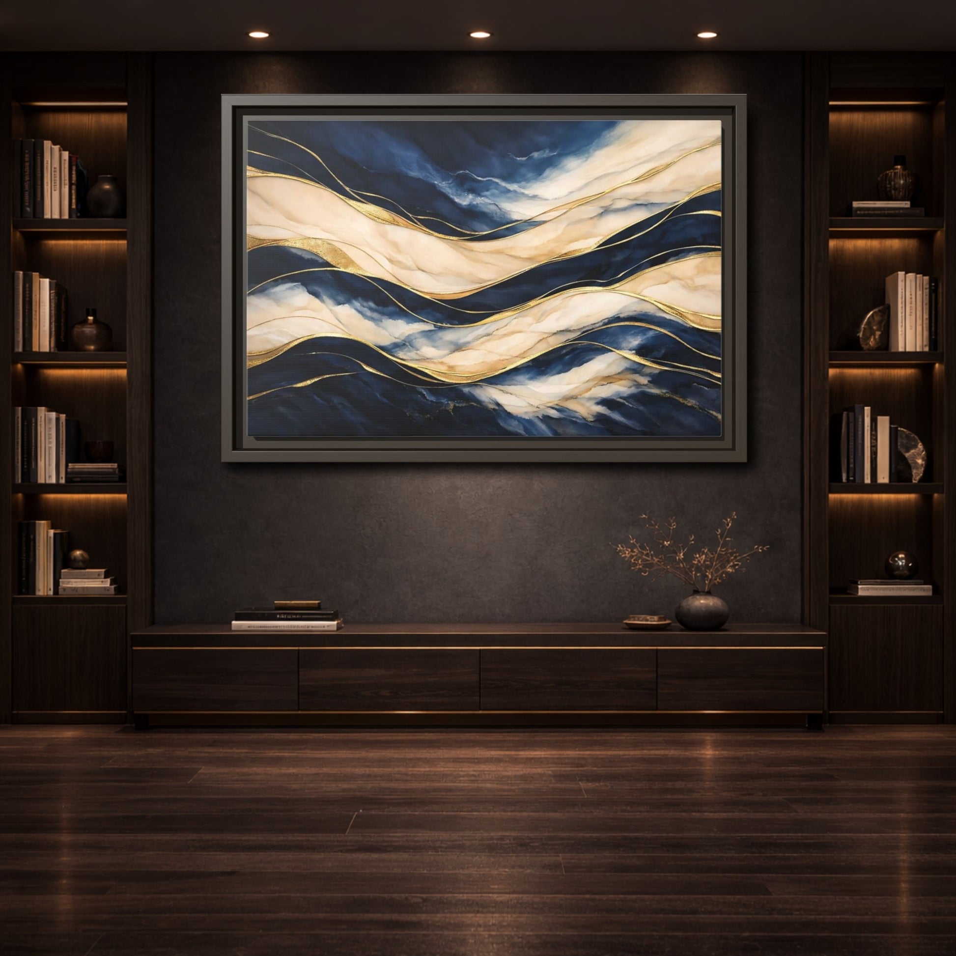 Mockup 3. Abstract Abstract Waves Navy Gold Abstract shown as stretched canvas wall art