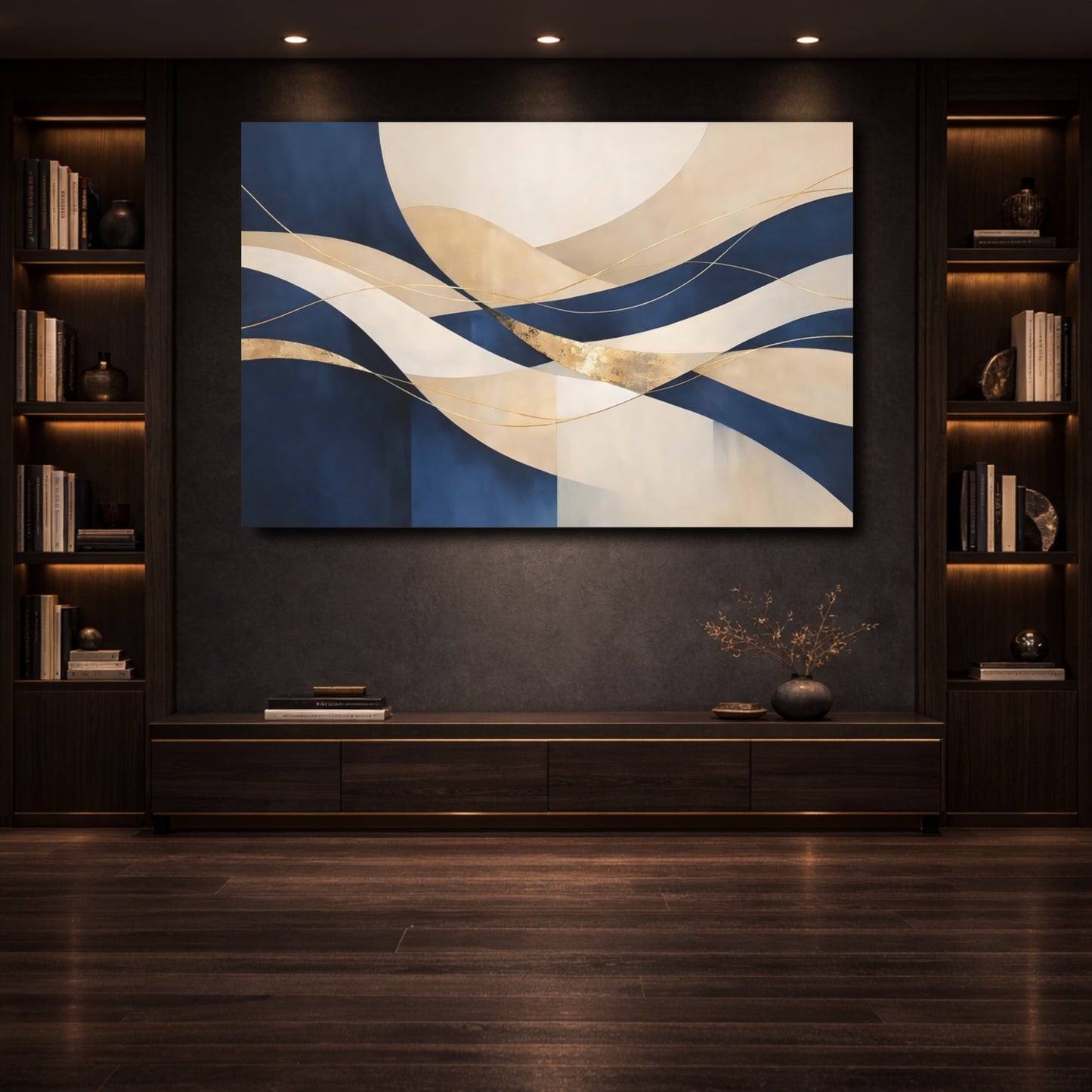Mockup 3. Abstract Abstract Waves Navy Gold Abstract shown as stretched canvas wall art