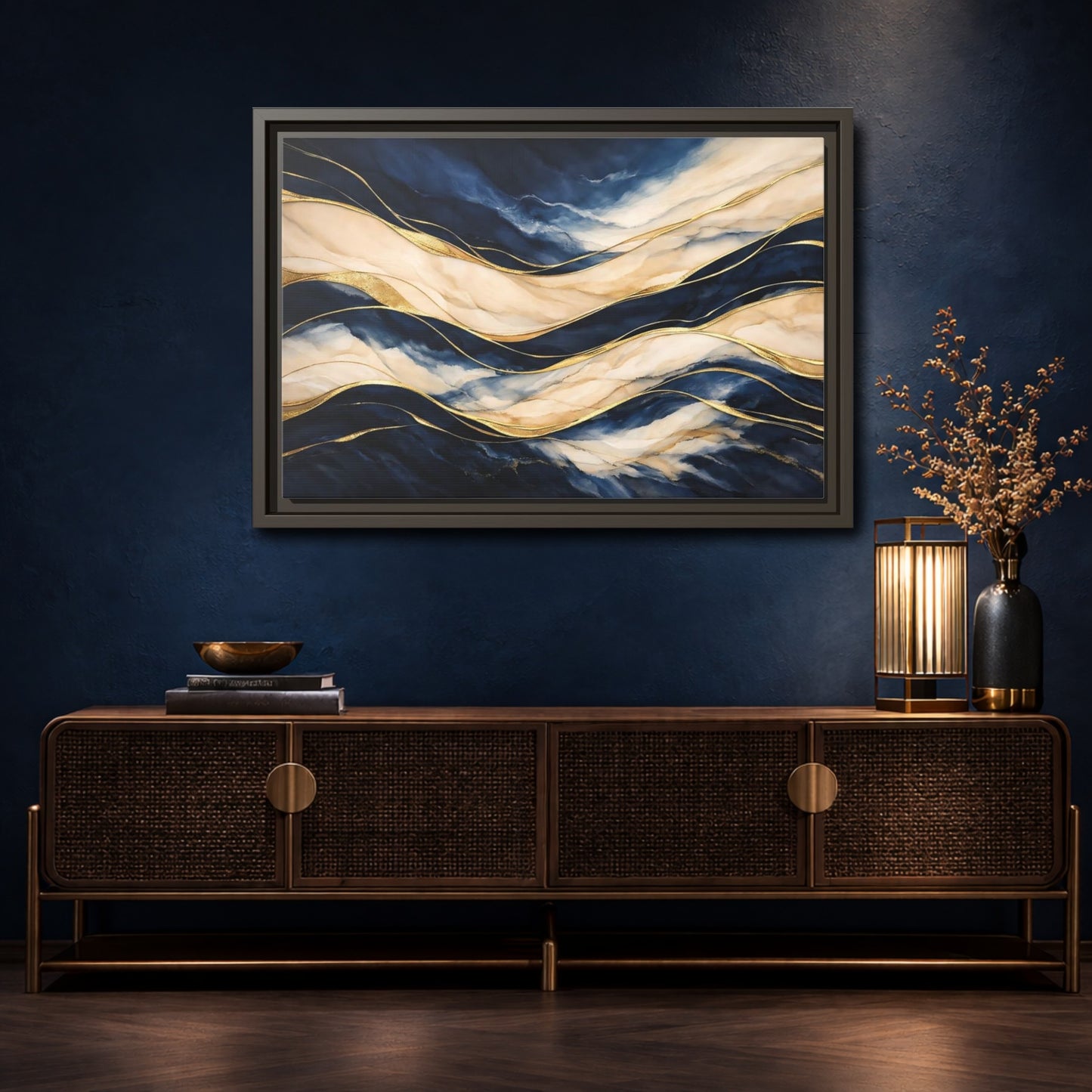 Mockup 4. Abstract Abstract Waves Navy Gold Abstract shown as stretched canvas wall art