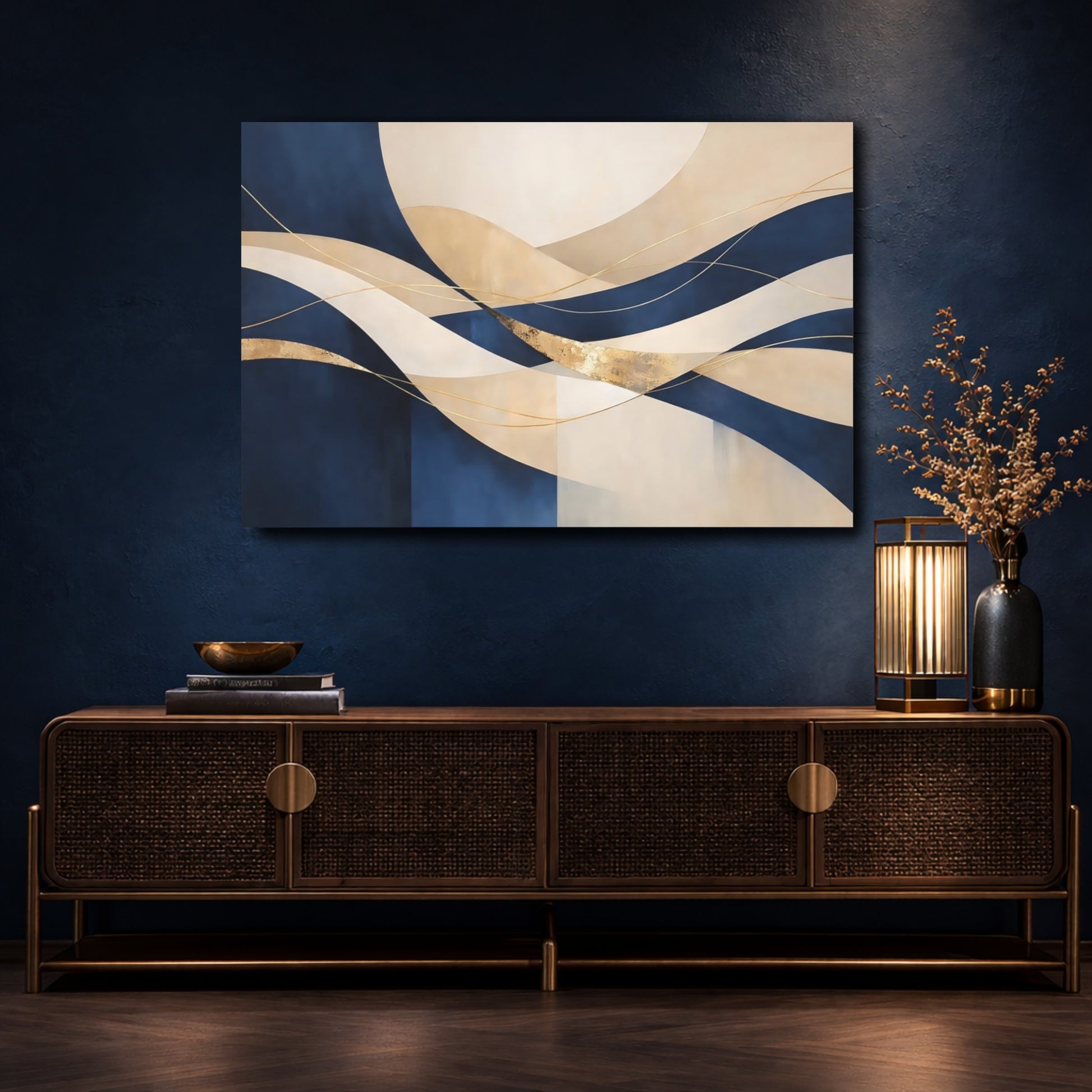 Mockup 4. Abstract Abstract Waves Navy Gold Abstract shown as stretched canvas wall art