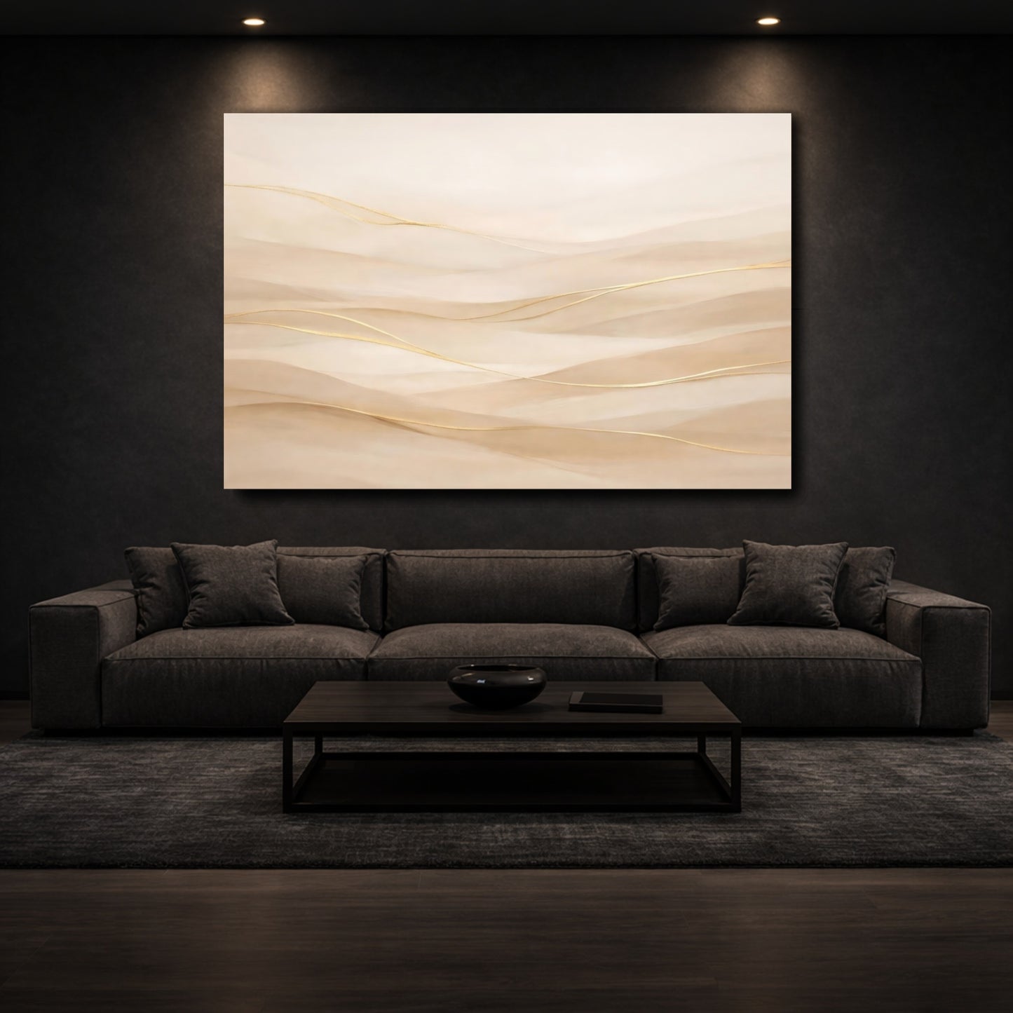 Mockup 2. Abstract Abstract Waves Neutral Gold Waves shown as stretched canvas wall art