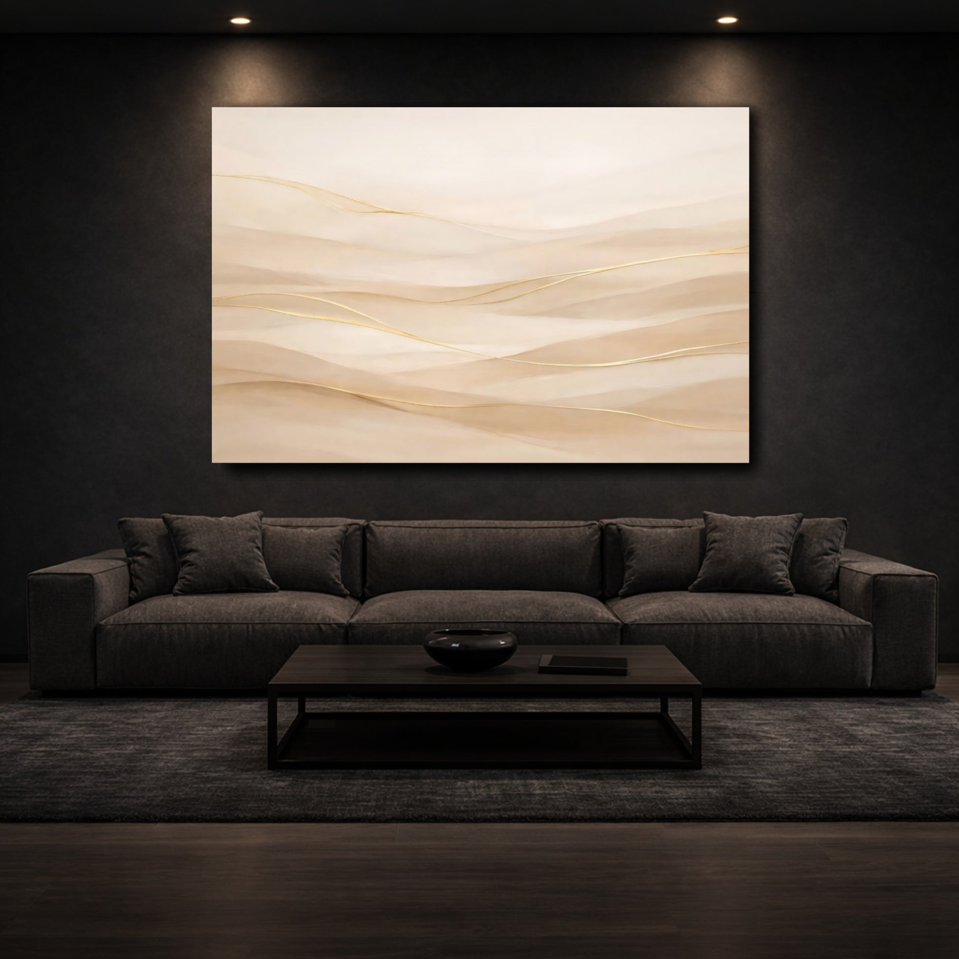 Mockup 2. Abstract Abstract Waves Neutral Gold Waves shown as stretched canvas wall art