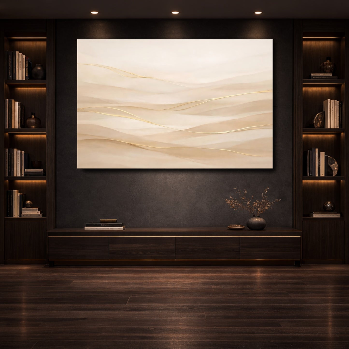 Mockup 3. Abstract Abstract Waves Neutral Gold Waves shown as stretched canvas wall art