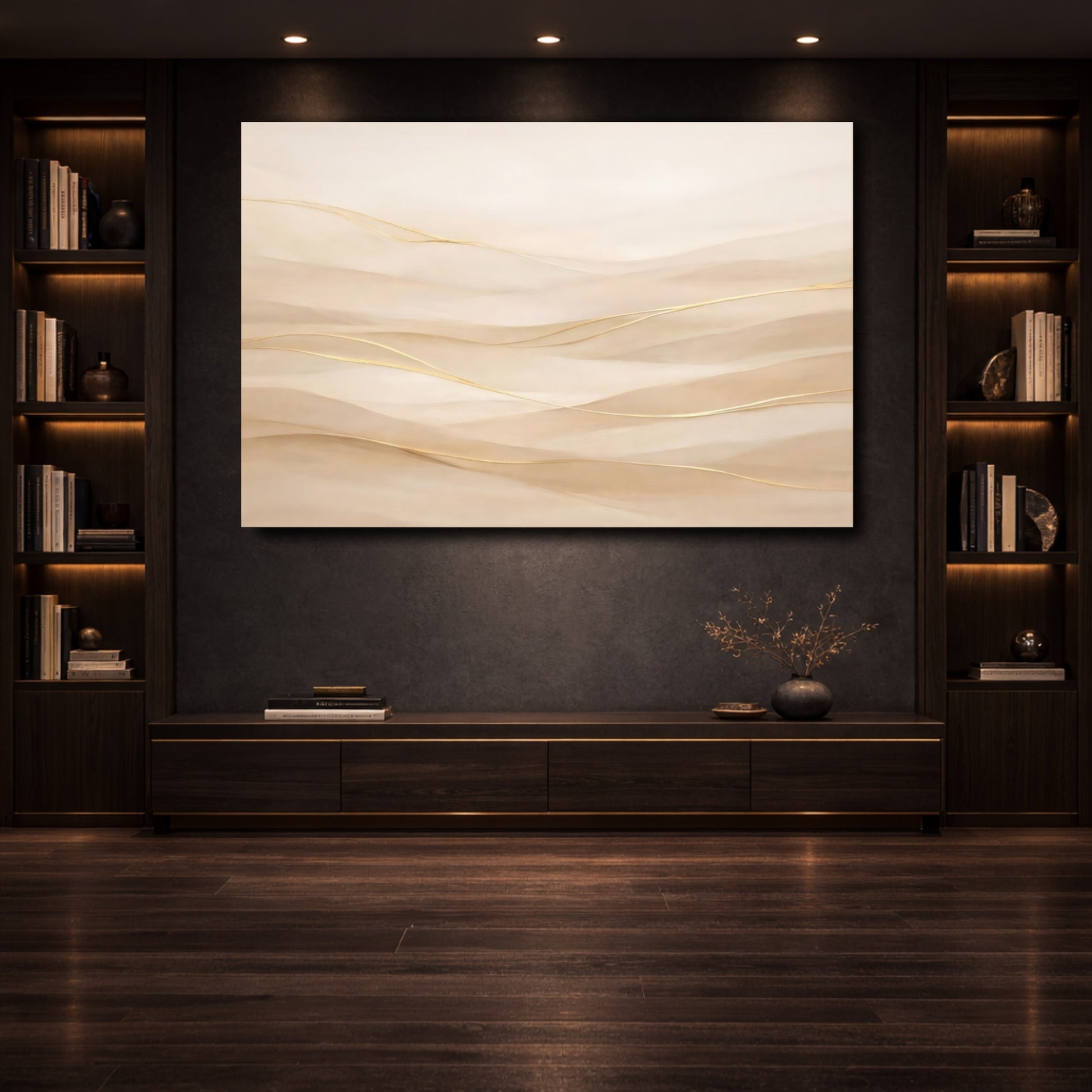 Mockup 3. Abstract Abstract Waves Neutral Gold Waves shown as stretched canvas wall art