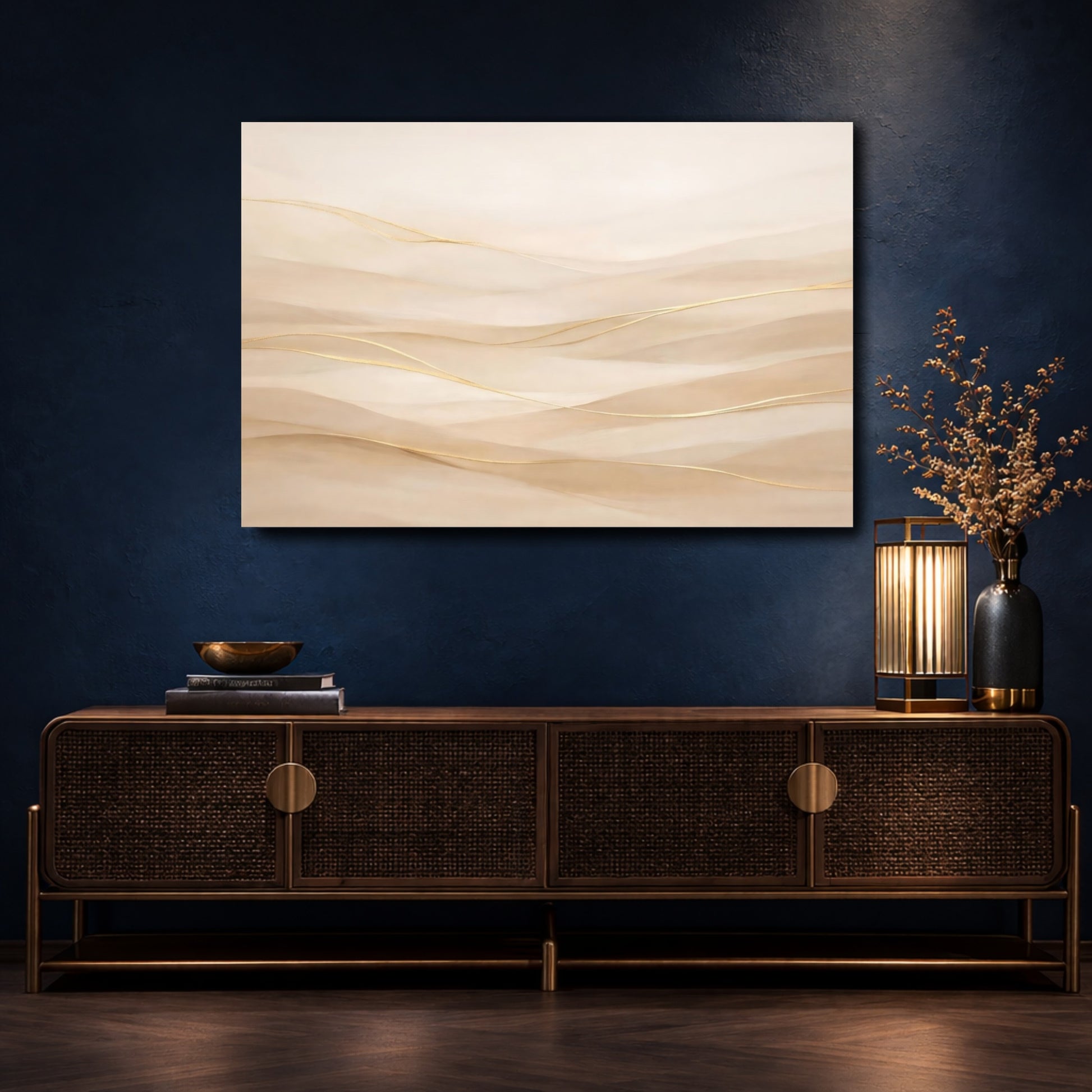 Mockup 4. Abstract Abstract Waves Neutral Gold Waves shown as stretched canvas wall art