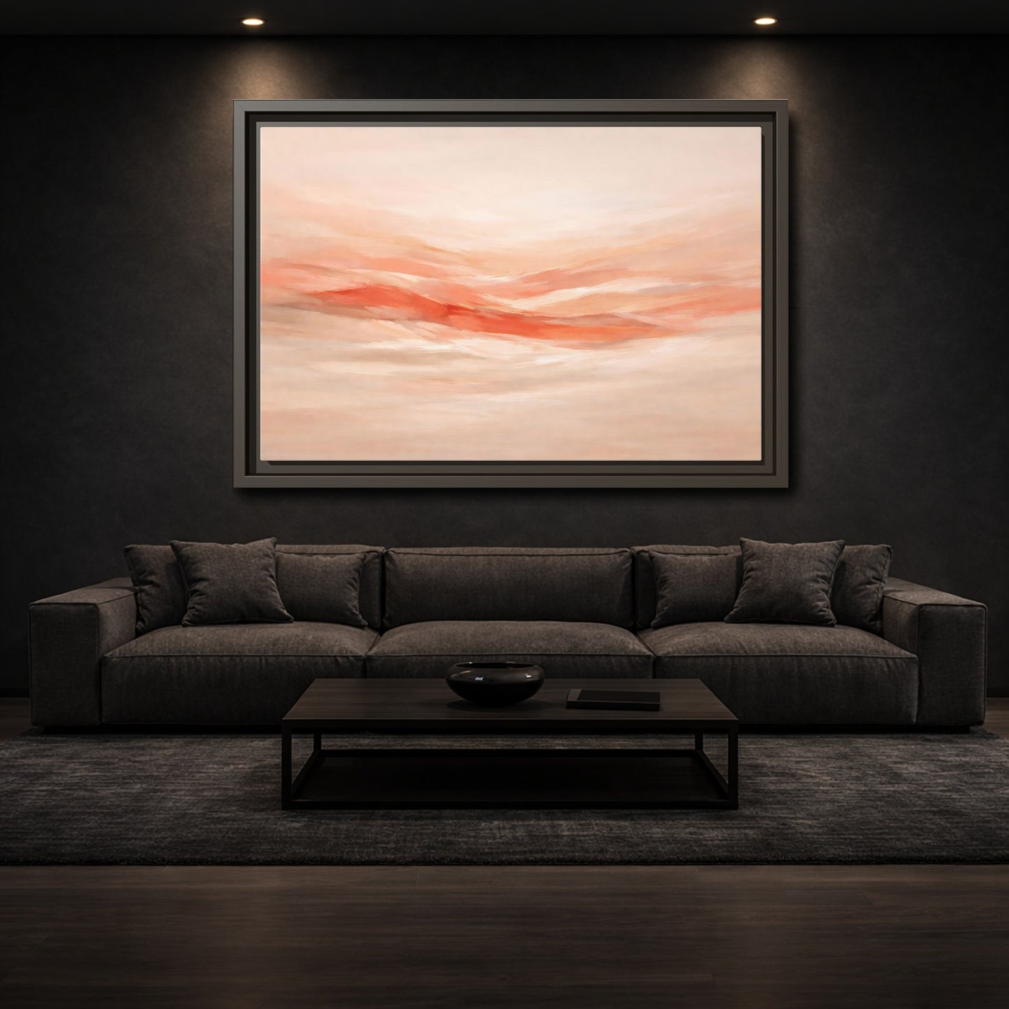 Mockup 2. Abstract Abstract Waves Peach Abstract shown as stretched canvas wall art