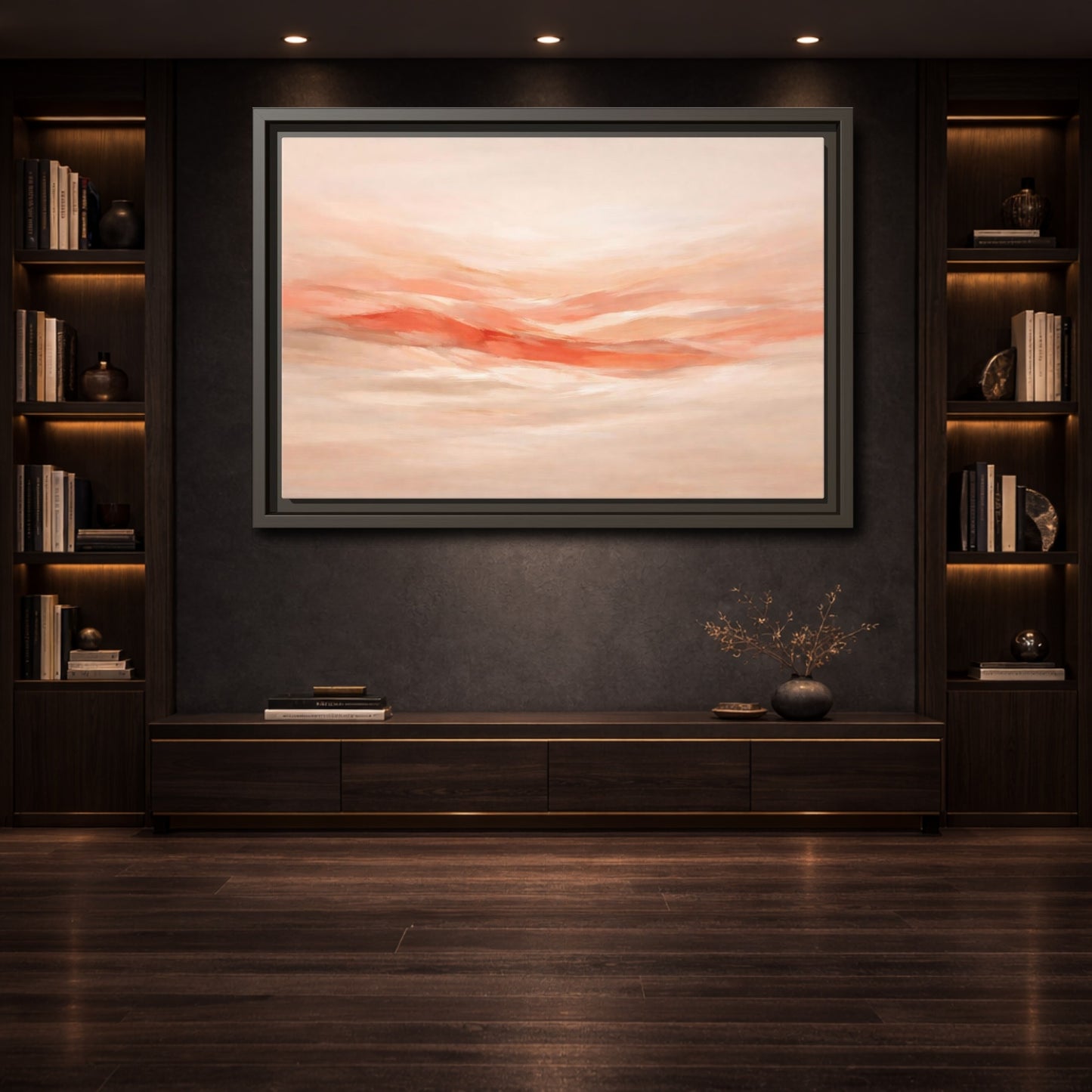 Mockup 3. Abstract Abstract Waves Peach Abstract shown as stretched canvas wall art